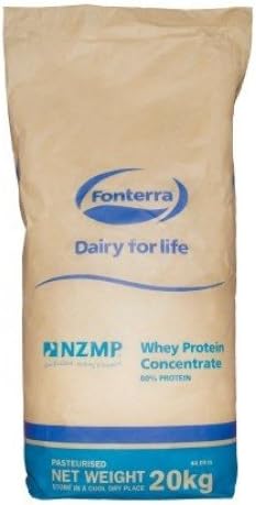 Fonterra bulk whey protein concentrate packaging in a 20kg bag, ideal for athletes and fitness enthusiasts.