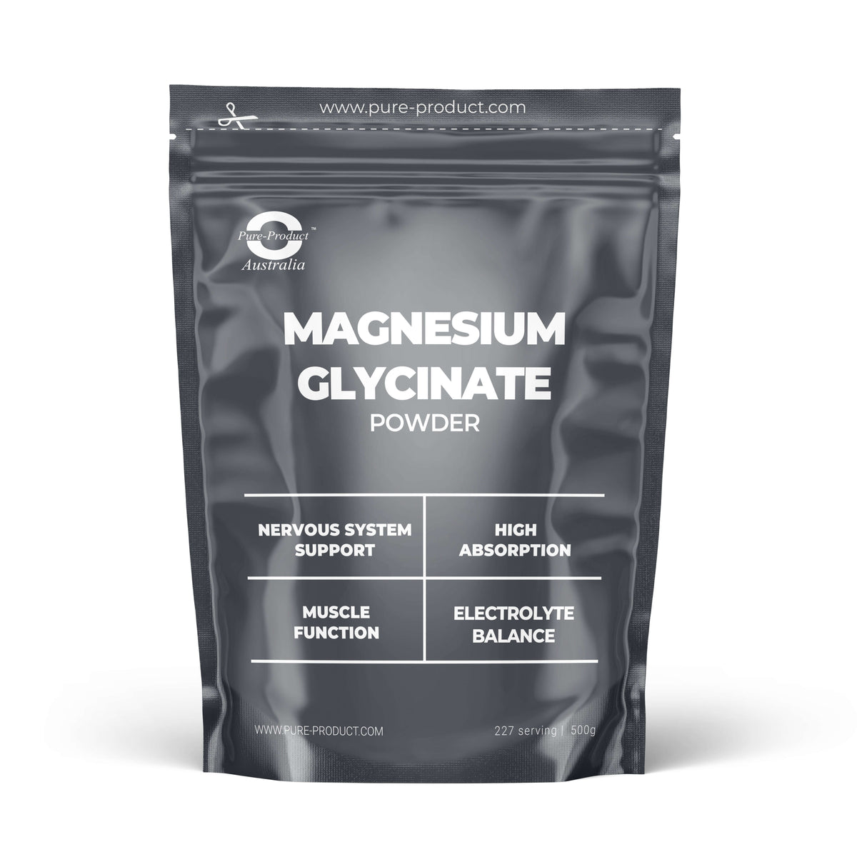 Magnesium Glycinate Powder supplement package showcasing benefits like high absorption and muscle function.
