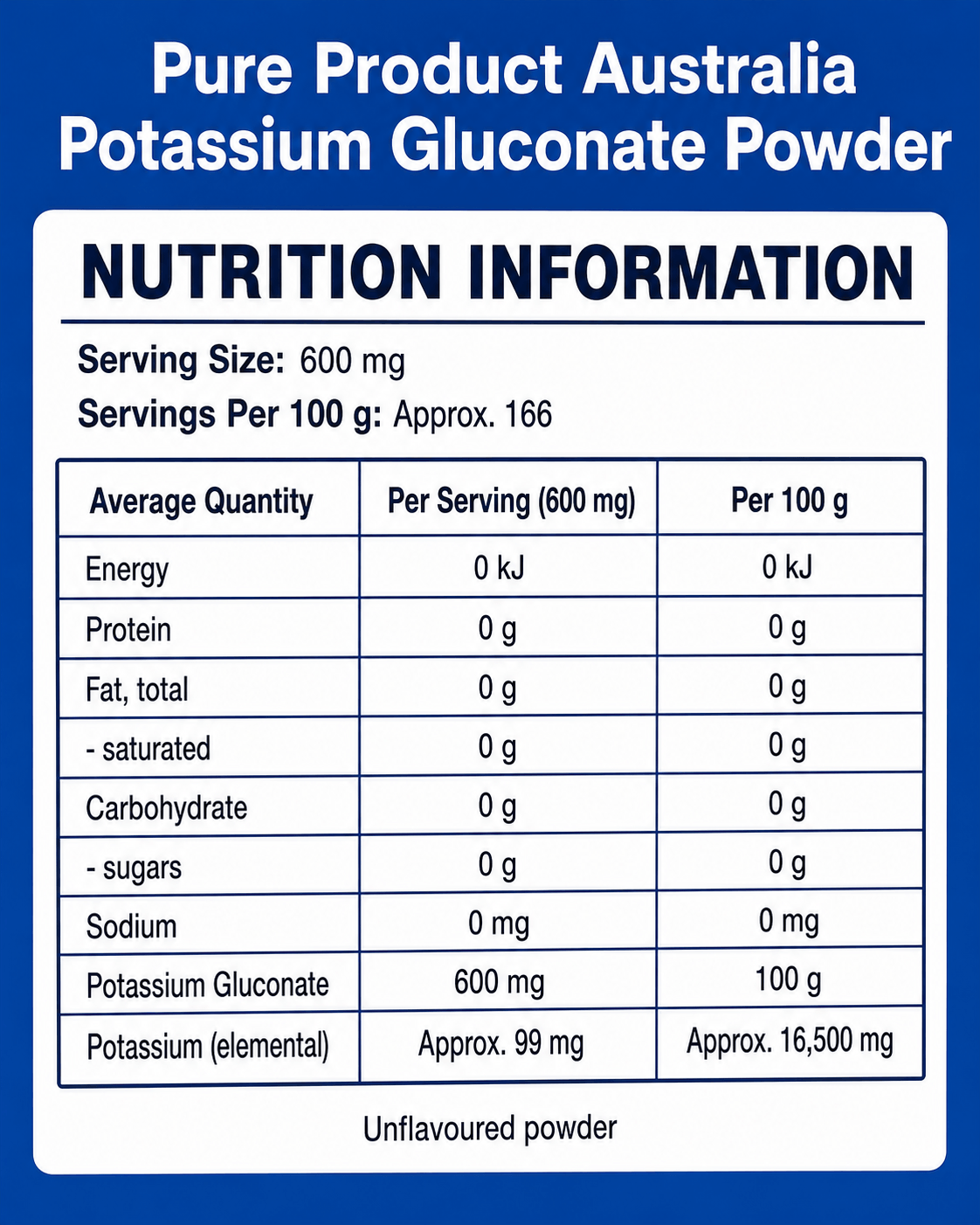 Potassium gluconate powder nutrition information panel with serving size