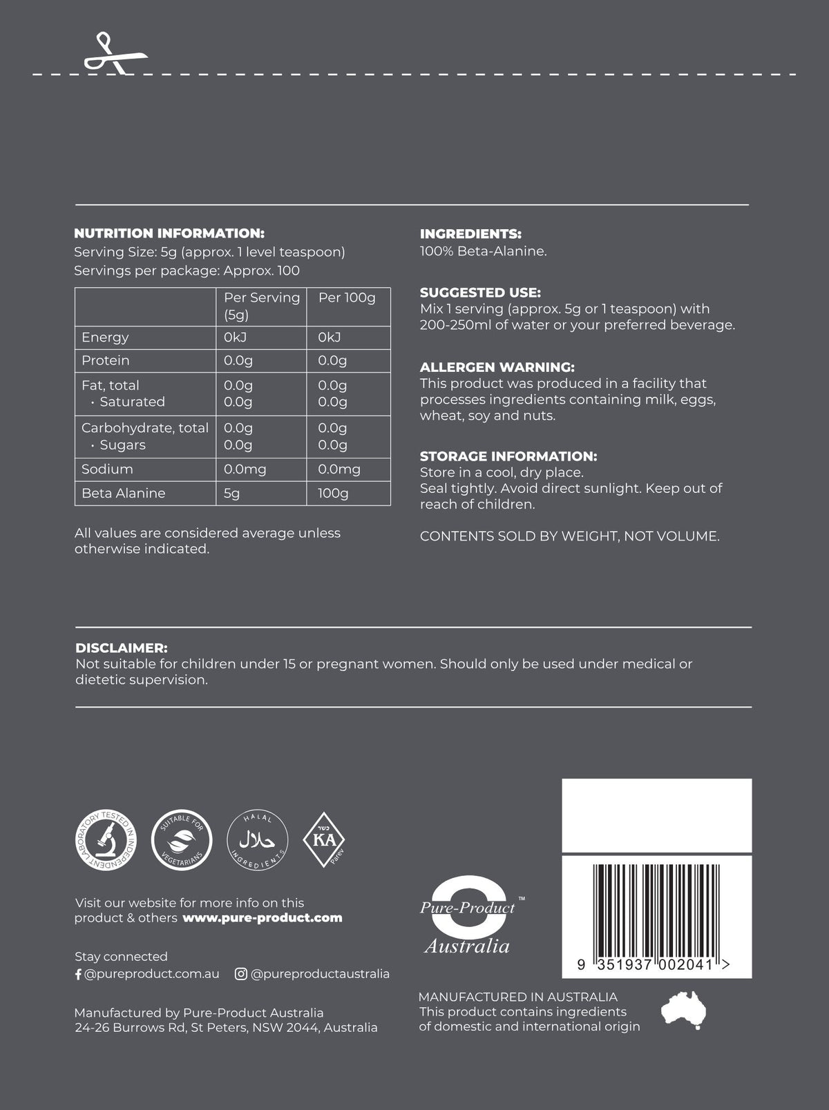 Beta Alanine nutrition information panel