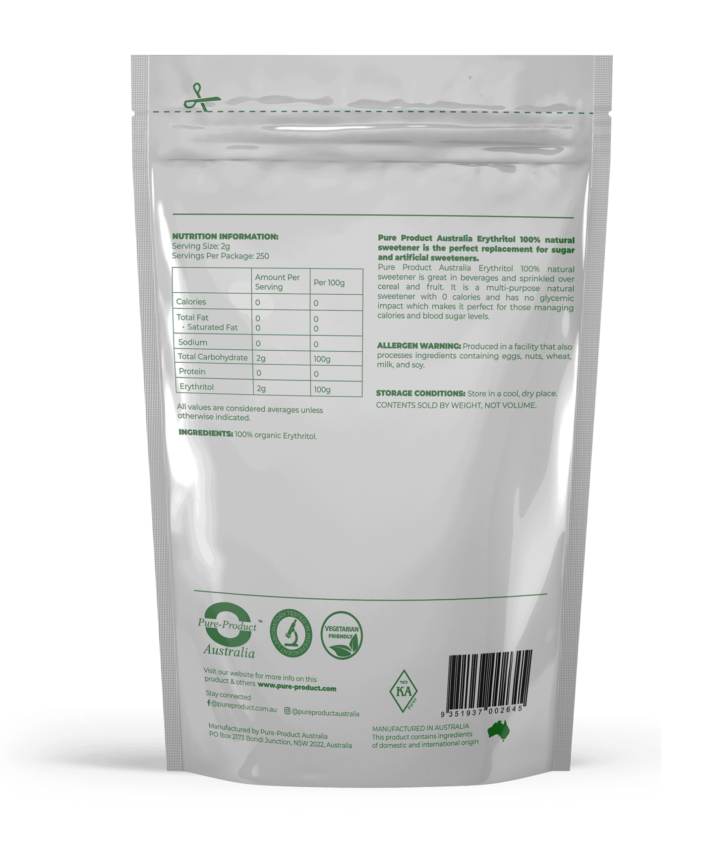 Back view of Erythritol 100% Natural Sweetener packaging displaying nutritional information and product details.