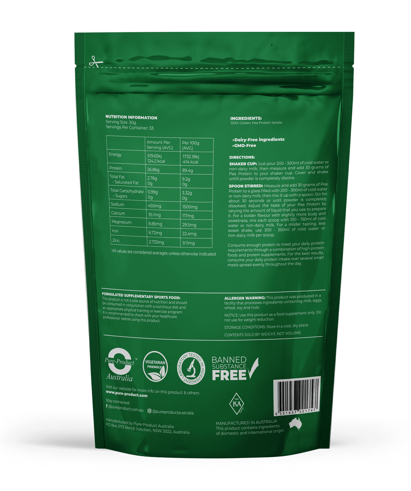 Back view of Pea Protein Isolate packaging showing nutritional information and ingredients list