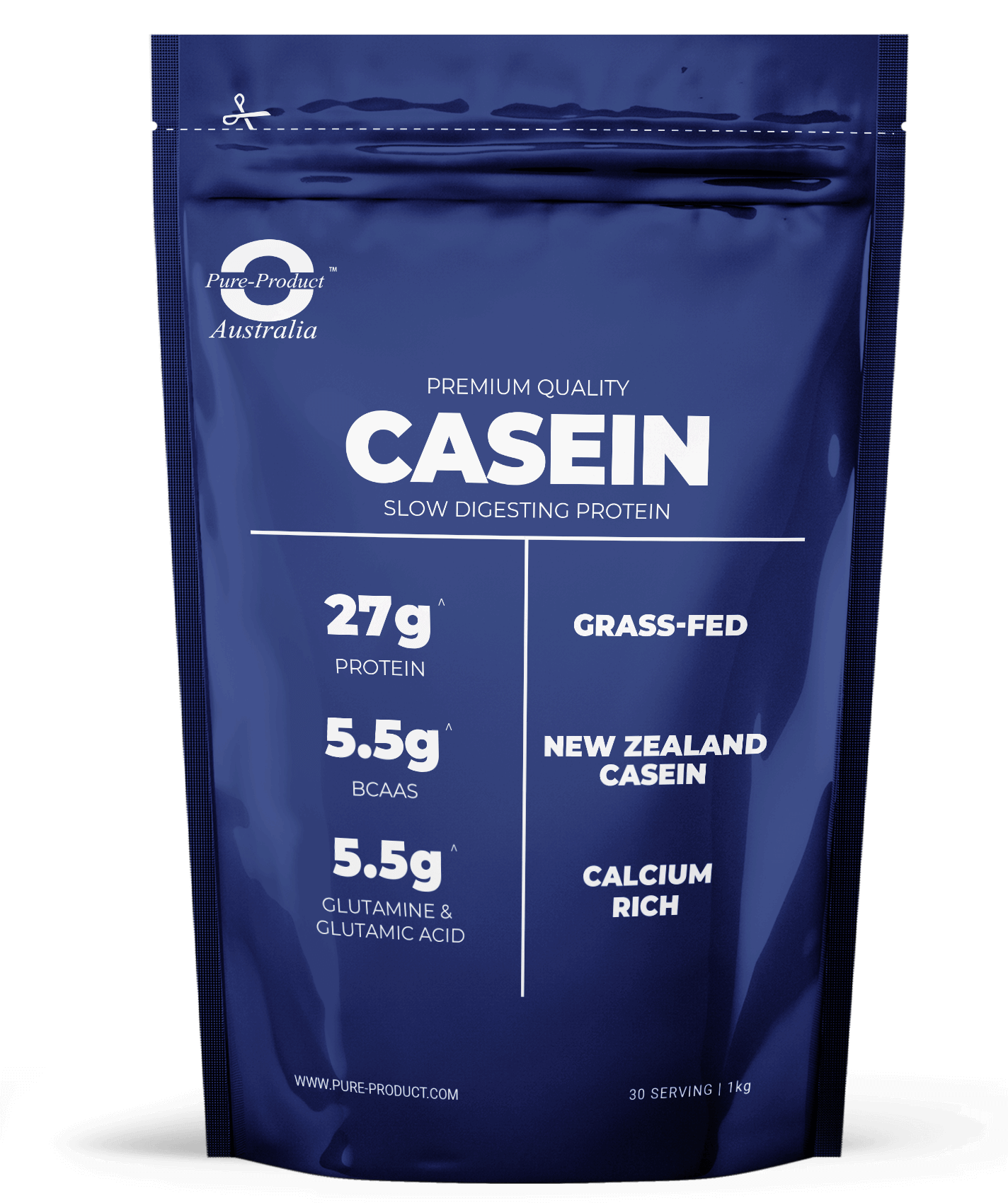 Micellar casein protein powder - Pure Performance Casein from grass-fed New Zealand cows, hormone-free, GMO-free, 27g protein per serving.