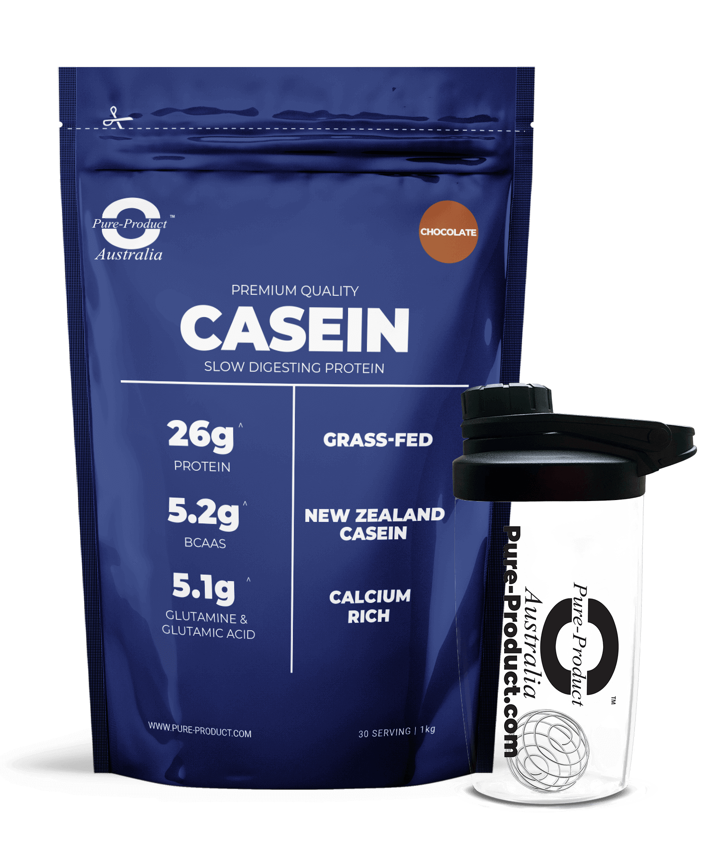 Micellar Casein protein powder with shaker bottle - grass-fed New Zealand protein, 26g protein per serving, 5.2g BCAAs for athletes