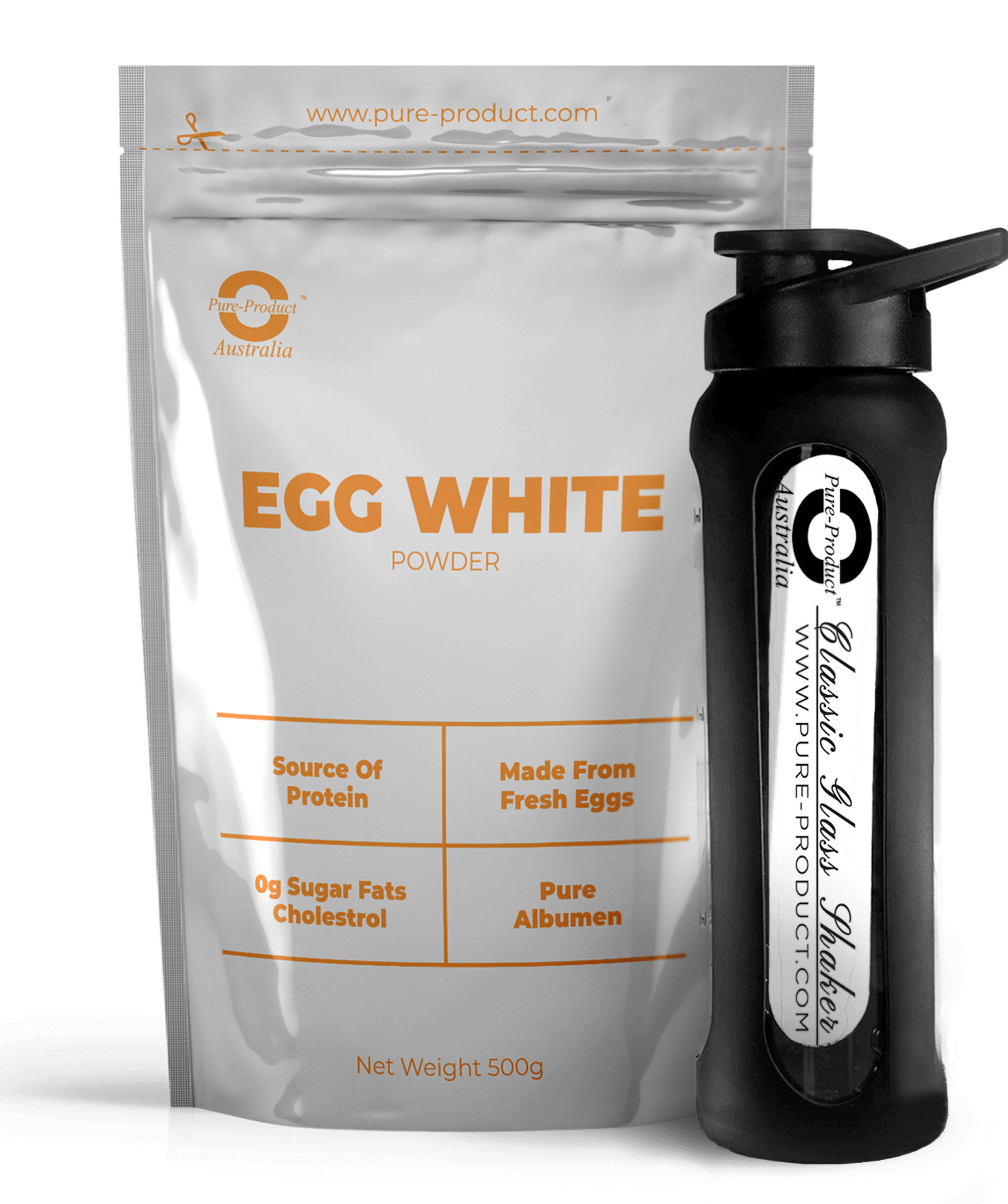 Pure Product Australia Egg White Powder 500g pack and bottle - high protein, no sugar, fat, or cholesterol