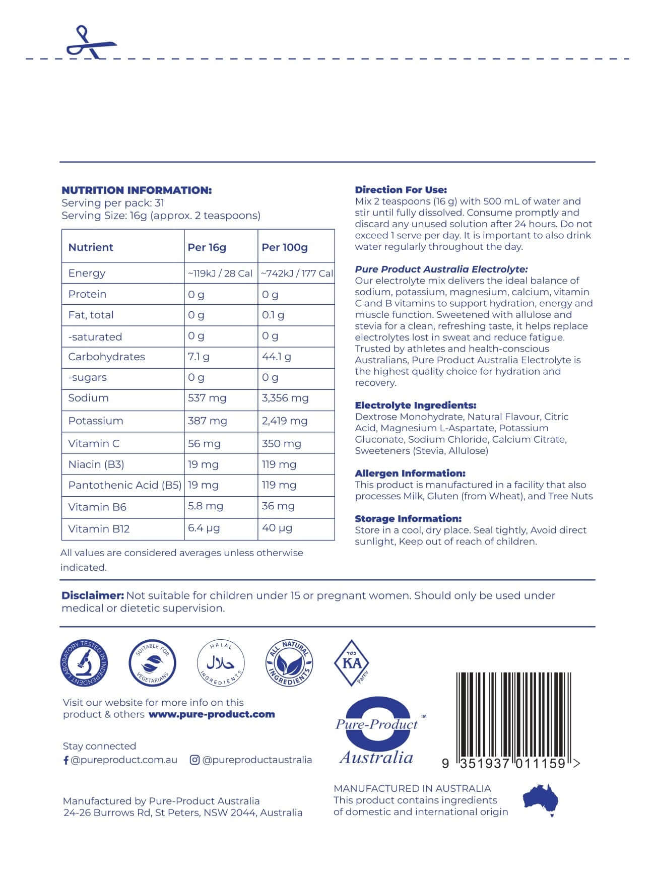 Nutrition information for Electrolyte Powder, detailing ingredients and nutritional values, Australia.