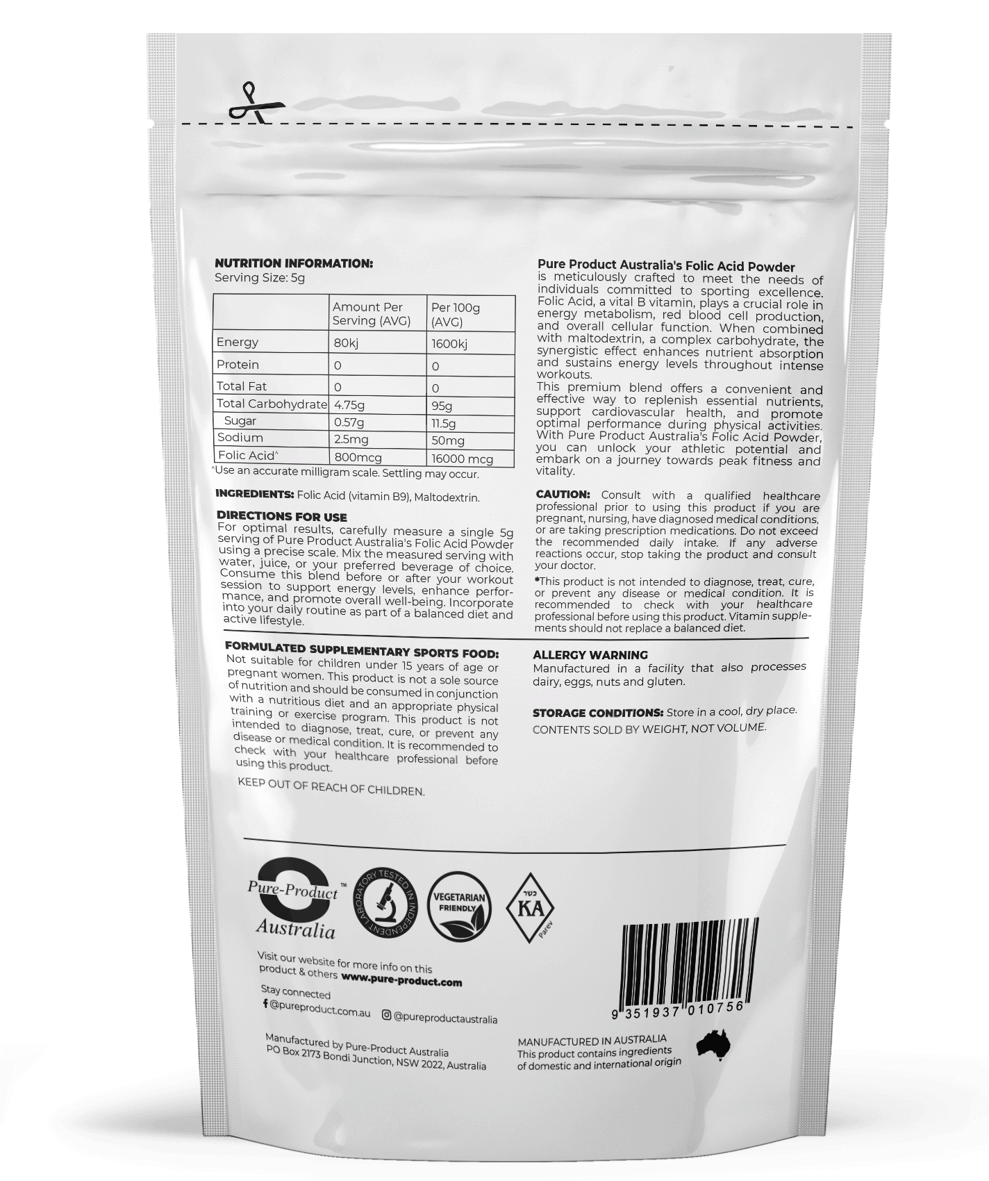 FOLIC ACID (Vitamin B9) Powder - 800mcg Pure Product Australia, Pro Athletes? We Developed This Folic Acid Powder (Vitamin B9) - Supercharged for YOU! Dominate your training and shatter personal bests with the weapon of choice for serious athletes: Folic