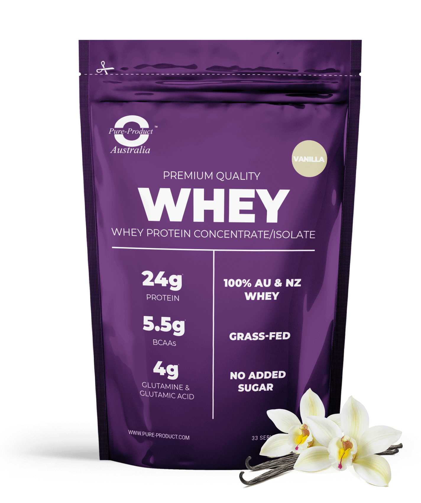 Premium Quality Grass-Fed Whey Protein Concentrate/Isolate, Vanilla Flavor, 24g Protein, 5.5g BCAAs, No Added Sugar, from Aussie and NZ Cows