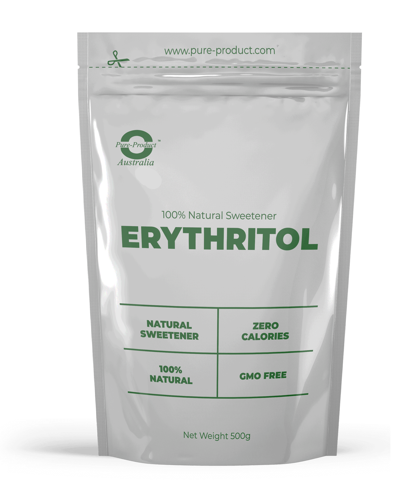 Erythritol 100% Natural Sweetener Zero Calories 500g Pouch Packaging