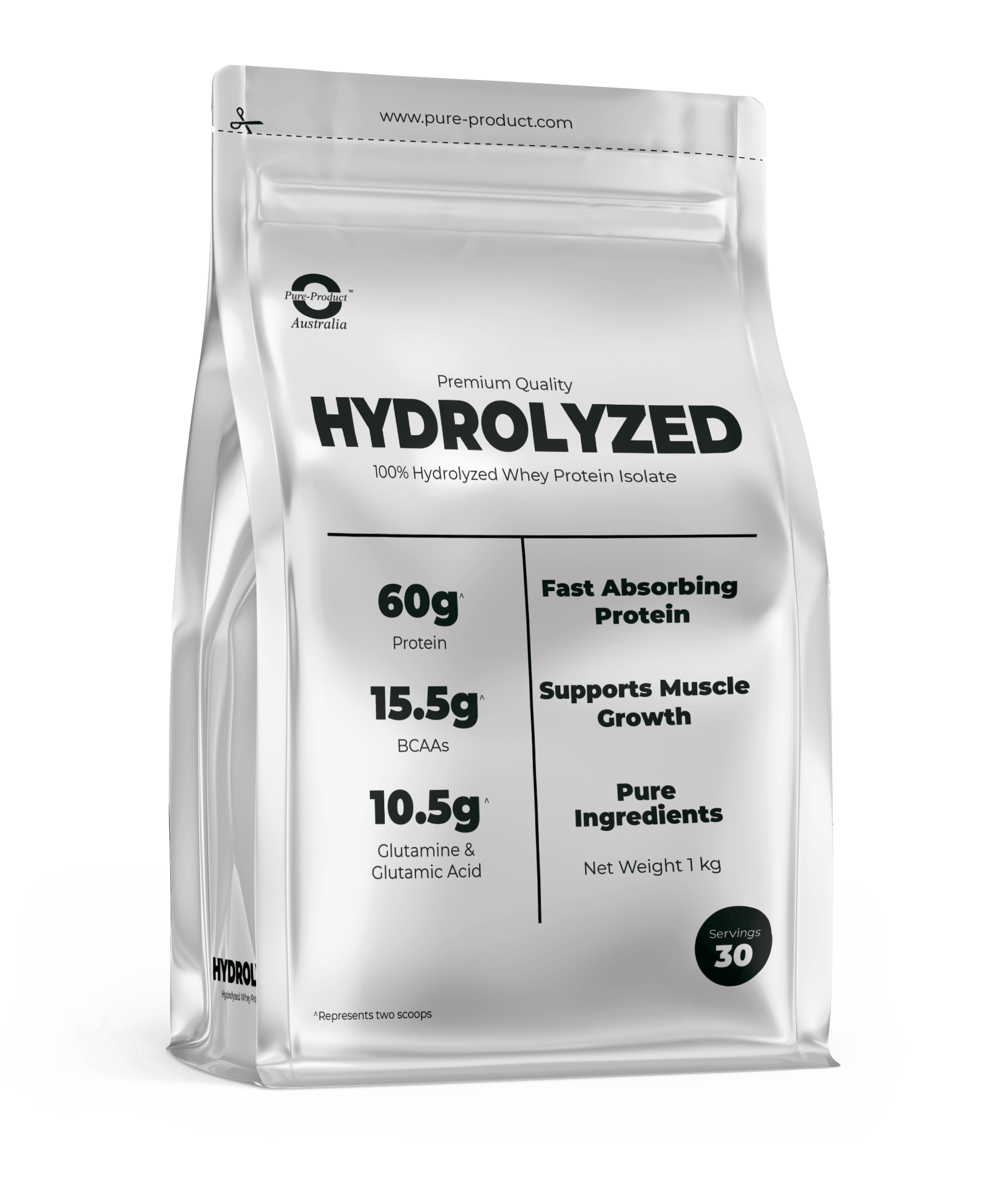 Bag of Pure Performance Hydrolyzed Whey Protein Isolate with 60g protein, 15.5g BCAAs, supports muscle growth, and fast-absorbing protein.