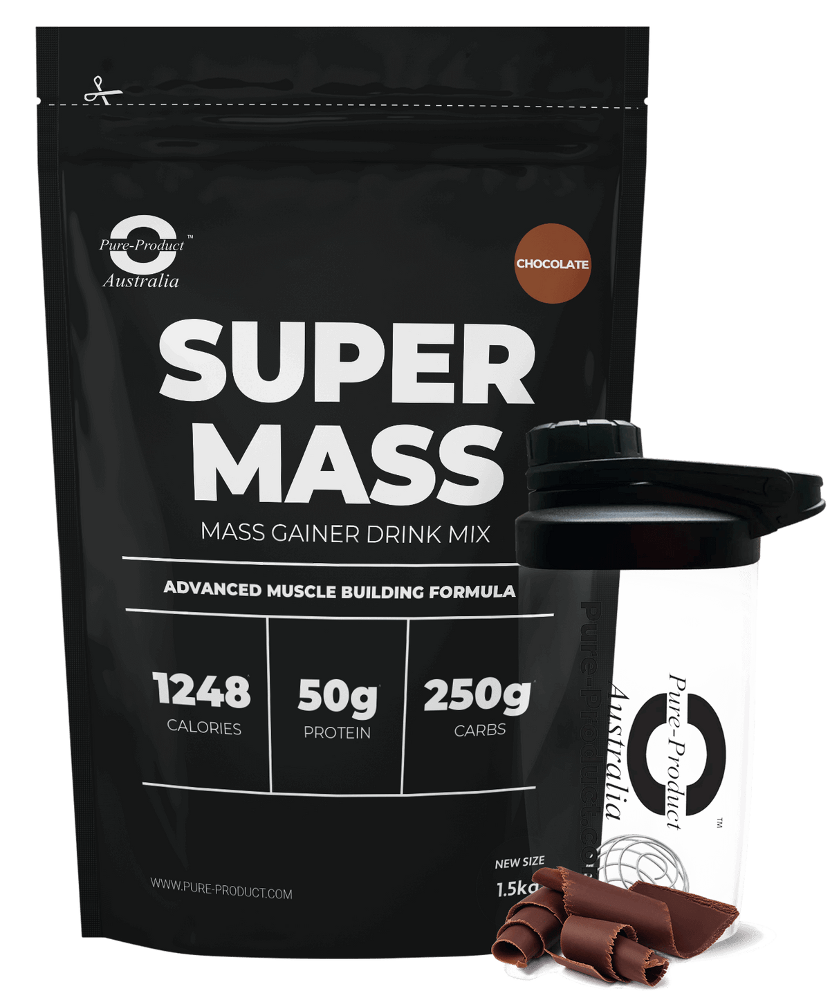 Super Mass Gainer chocolate mass gainer drink mix with high calories, protein, and carbs for muscle building.