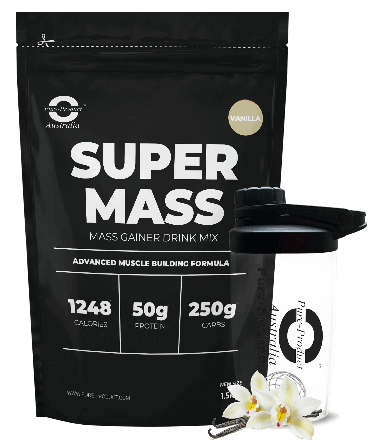 Super Mass Mass Gainer by Pure Product Australia with 50g protein, 250g carbs, 1248 calories, and included shaker bottle.