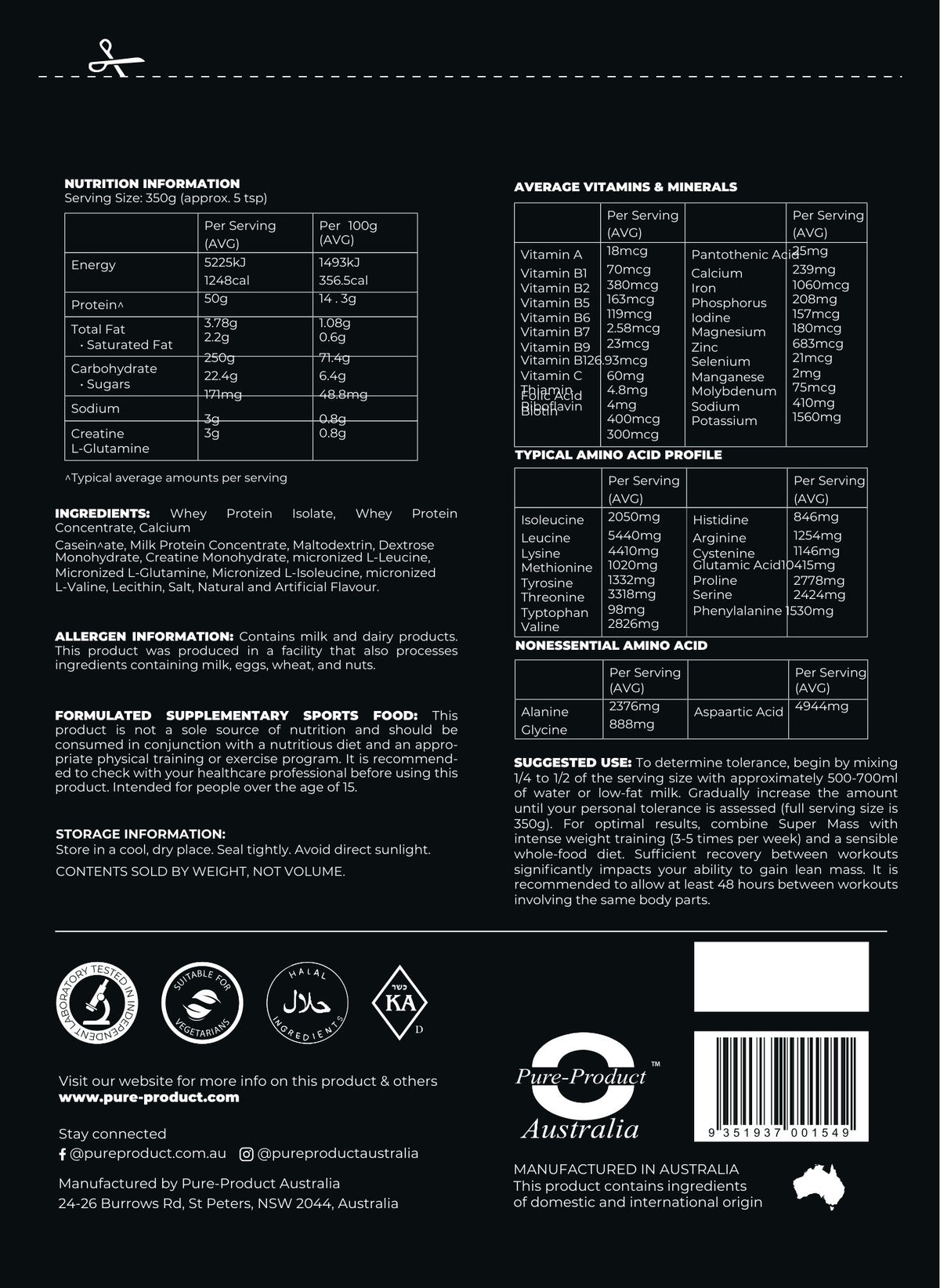 Super Mass gainer vanilla nutrition information panel