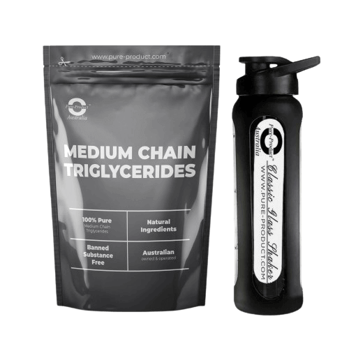 Medium Chain Triglycerides (MCT) pouch and water bottle from Australia with 100% pure and natural ingredients and banned substance-free