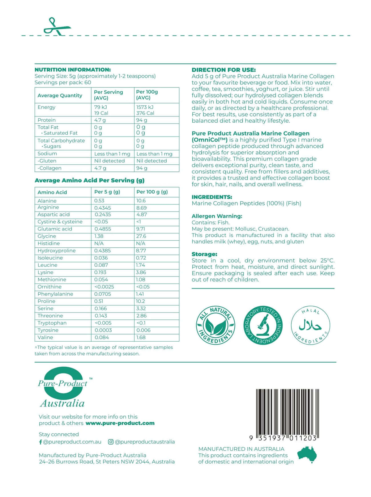 Marine Collagen Peptides product label with nutritional information for skin, hair, nails, and overall wellness.