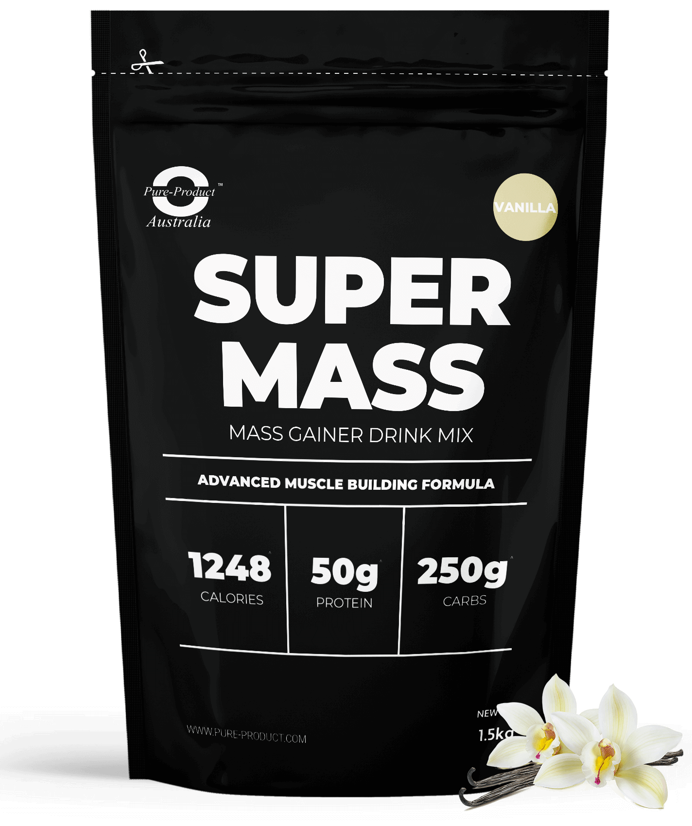 Super Mass Mass Gainer by Pure Product Australia featuring 1248 calories, 50g of protein, and 250g of carbs per serving, vanilla flavor