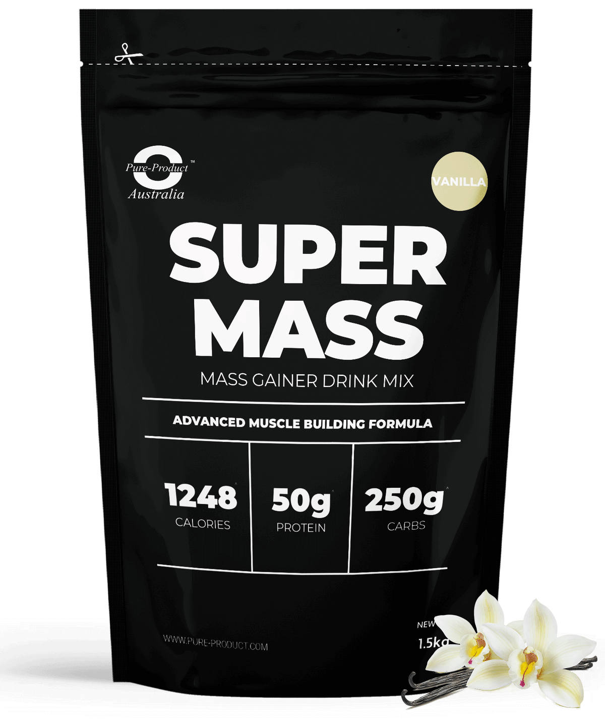 Super Mass Gainer mass gain drink mix packaging with 1248 calories and vanilla flavor for muscle building.