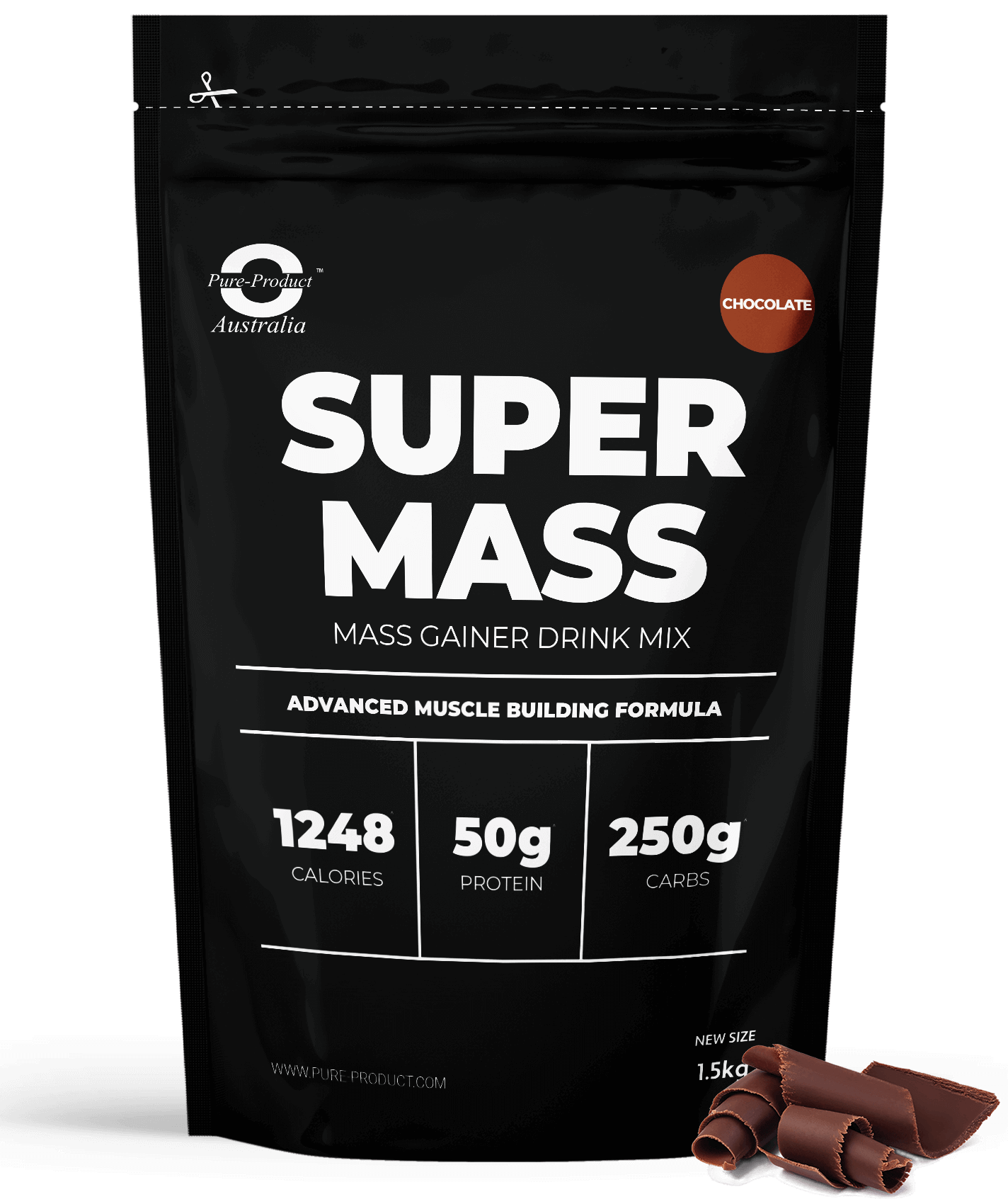 Super Mass by Pure Product Australia, mass gainer drink mix with 1248 calories, 50g protein, and 250g carbs per serving - Chocolate flavor.