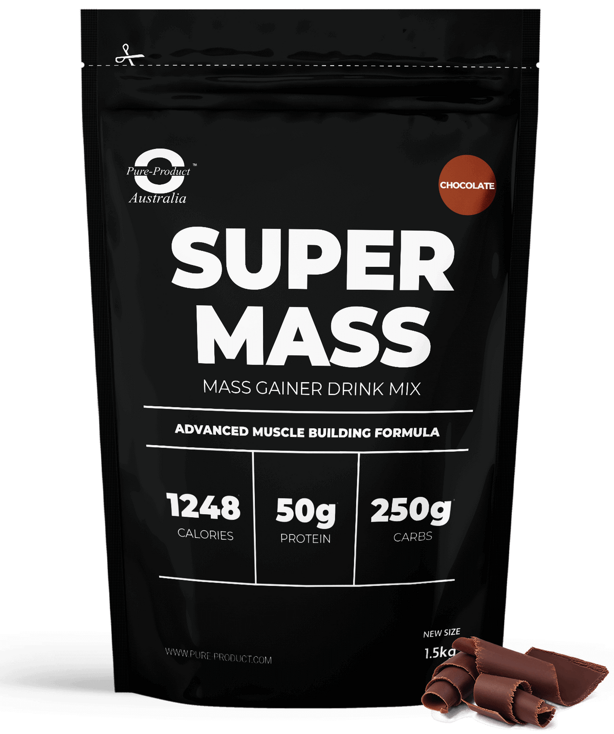 Super Mass Gainer drink mix from Pure Product Australia, featuring 1248 calories, 50g protein, and 250g carbs for muscle building.