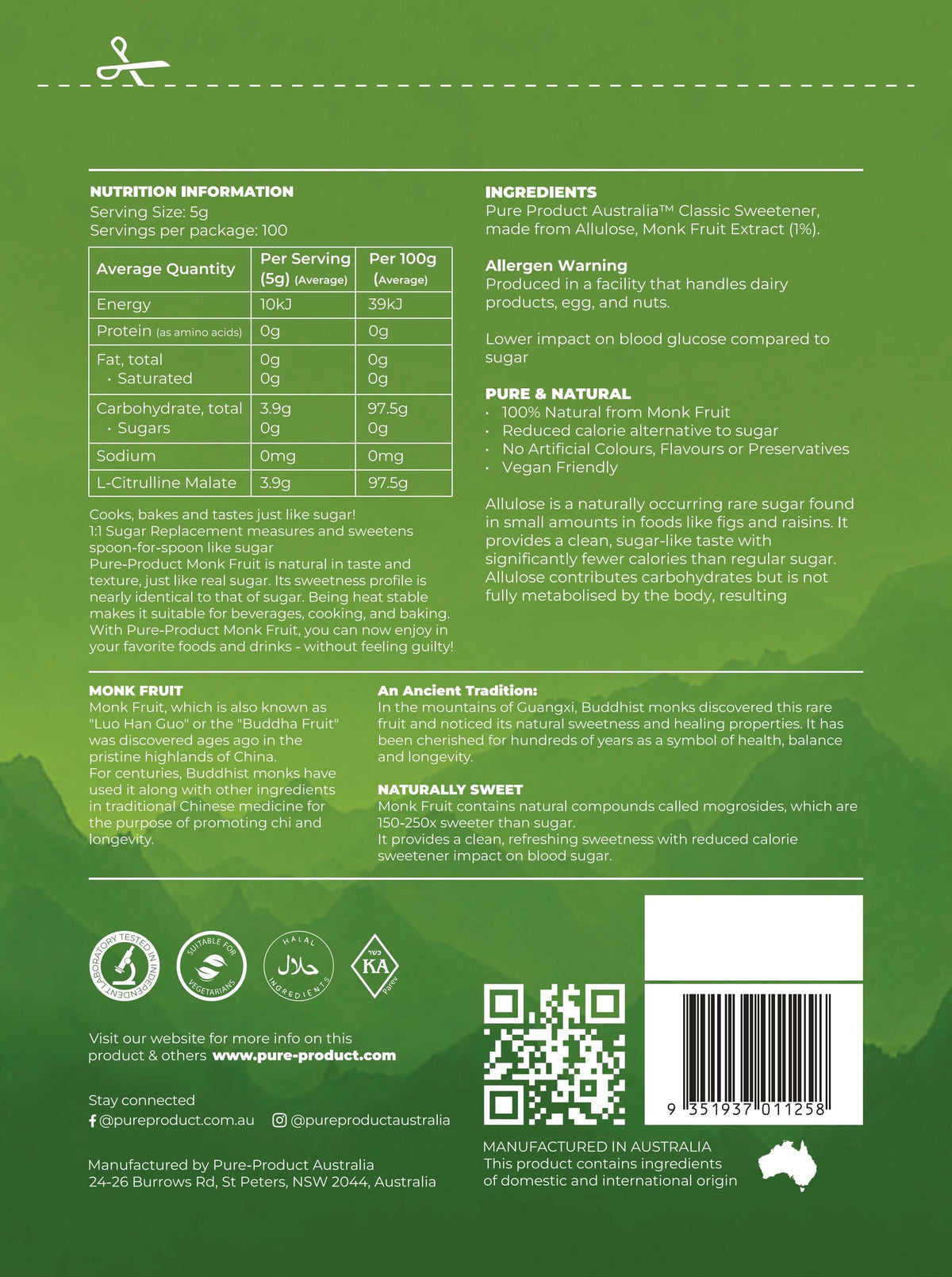 Monk Fruit Sweetener packaging with nutrition information and ingredients list for Pure Product Australia.