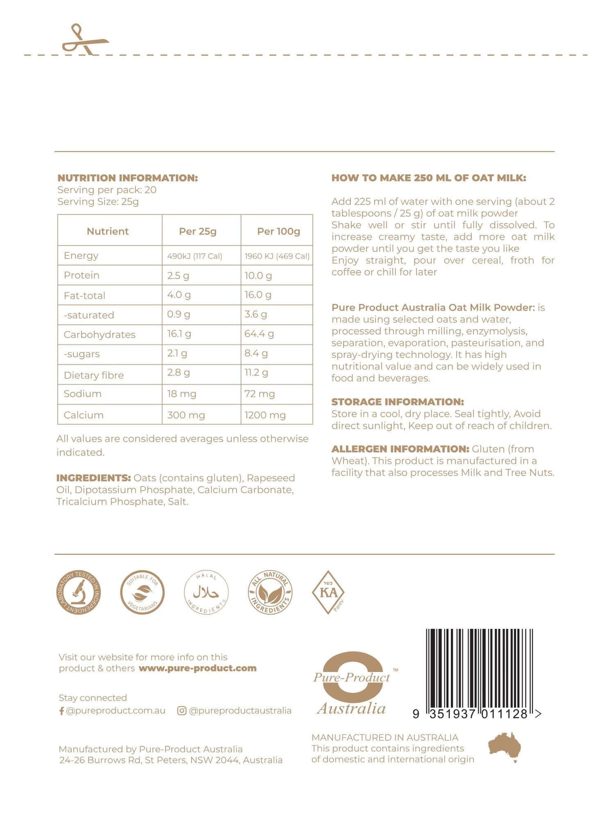 Nutrition information and usage directions for Pure Product Australia oat milk powder Australia.