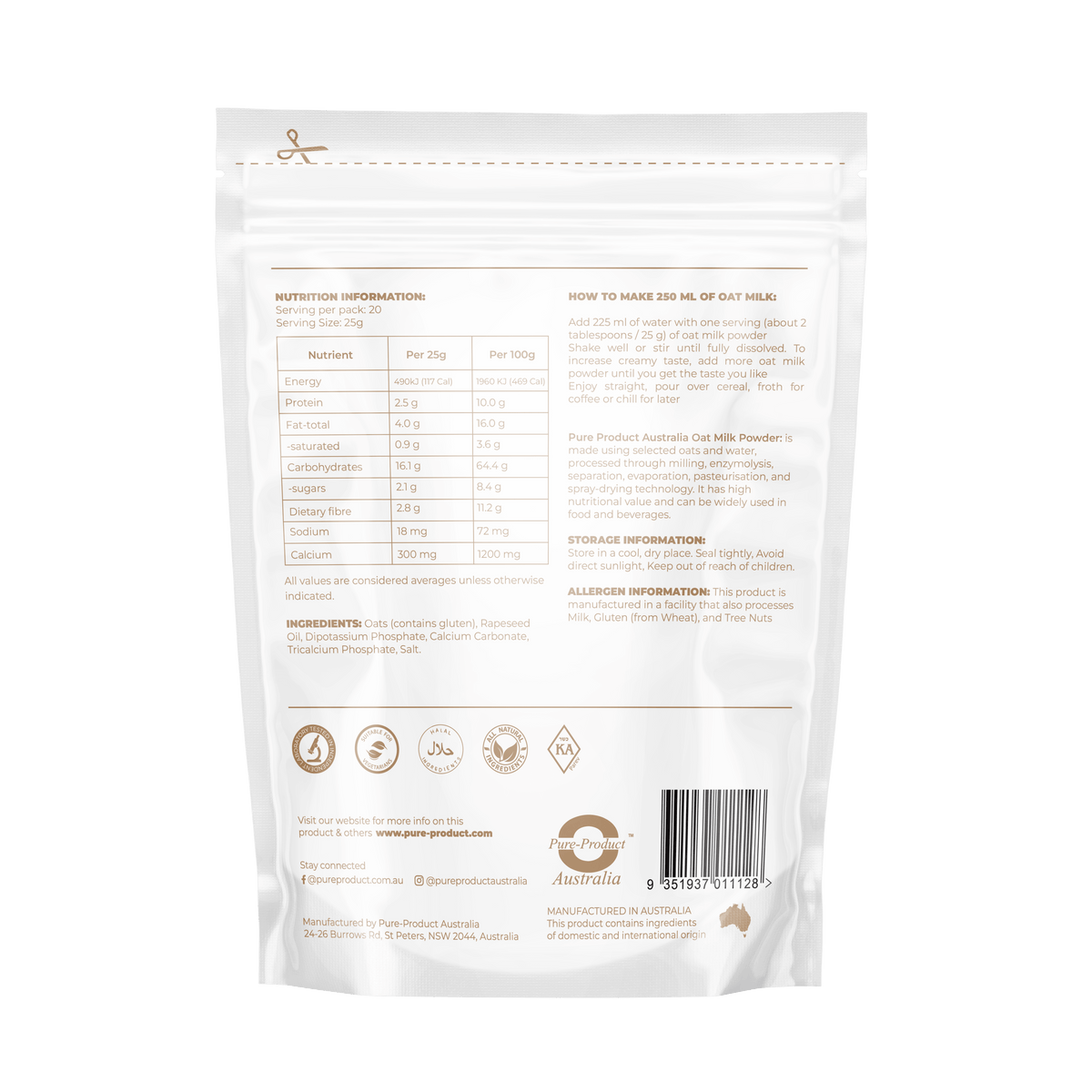 Nutritional information and preparation instructions for Pure Product Australia Oat Milk Powder Australia.