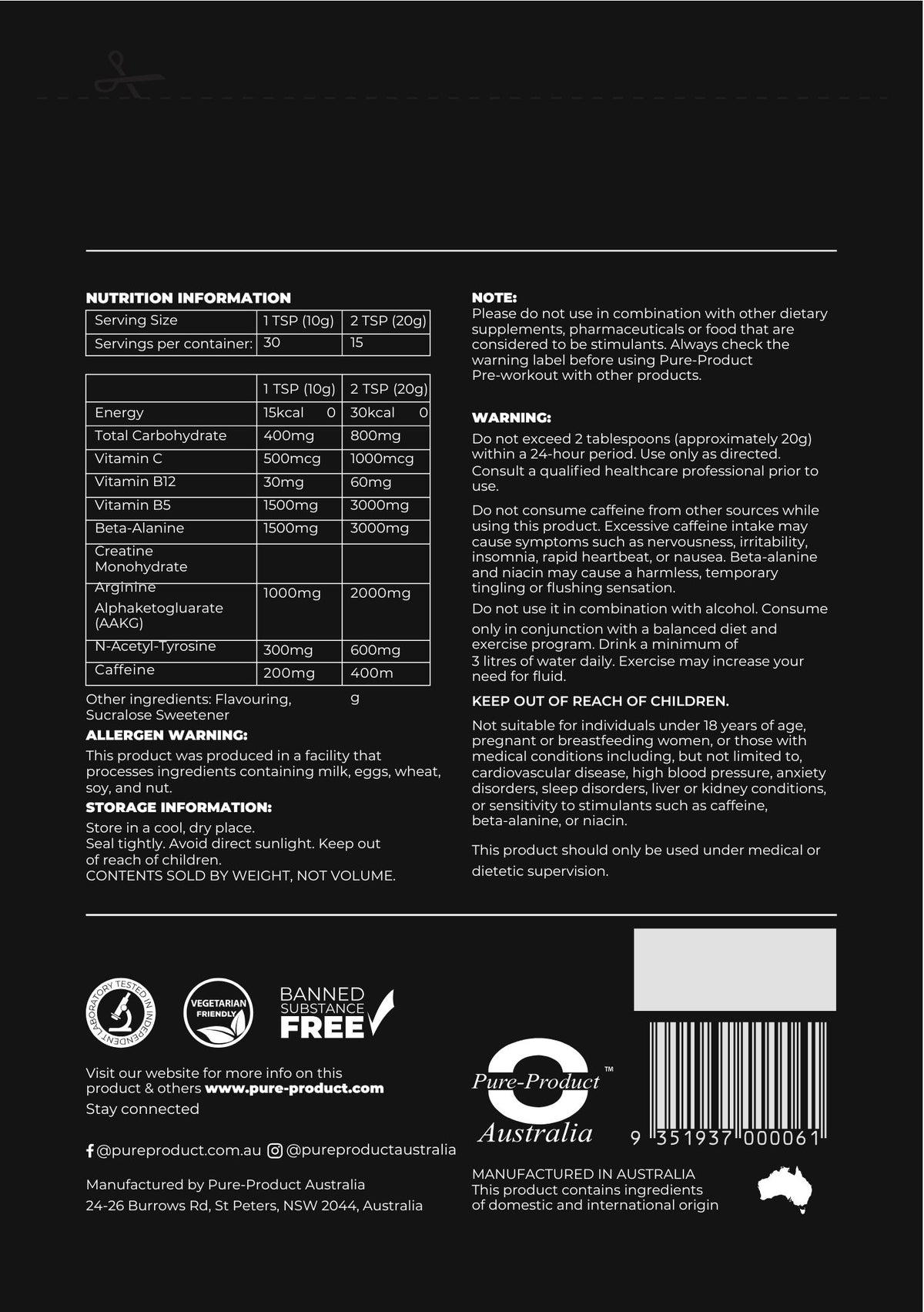 Pre-Workout orange nutrition information panel