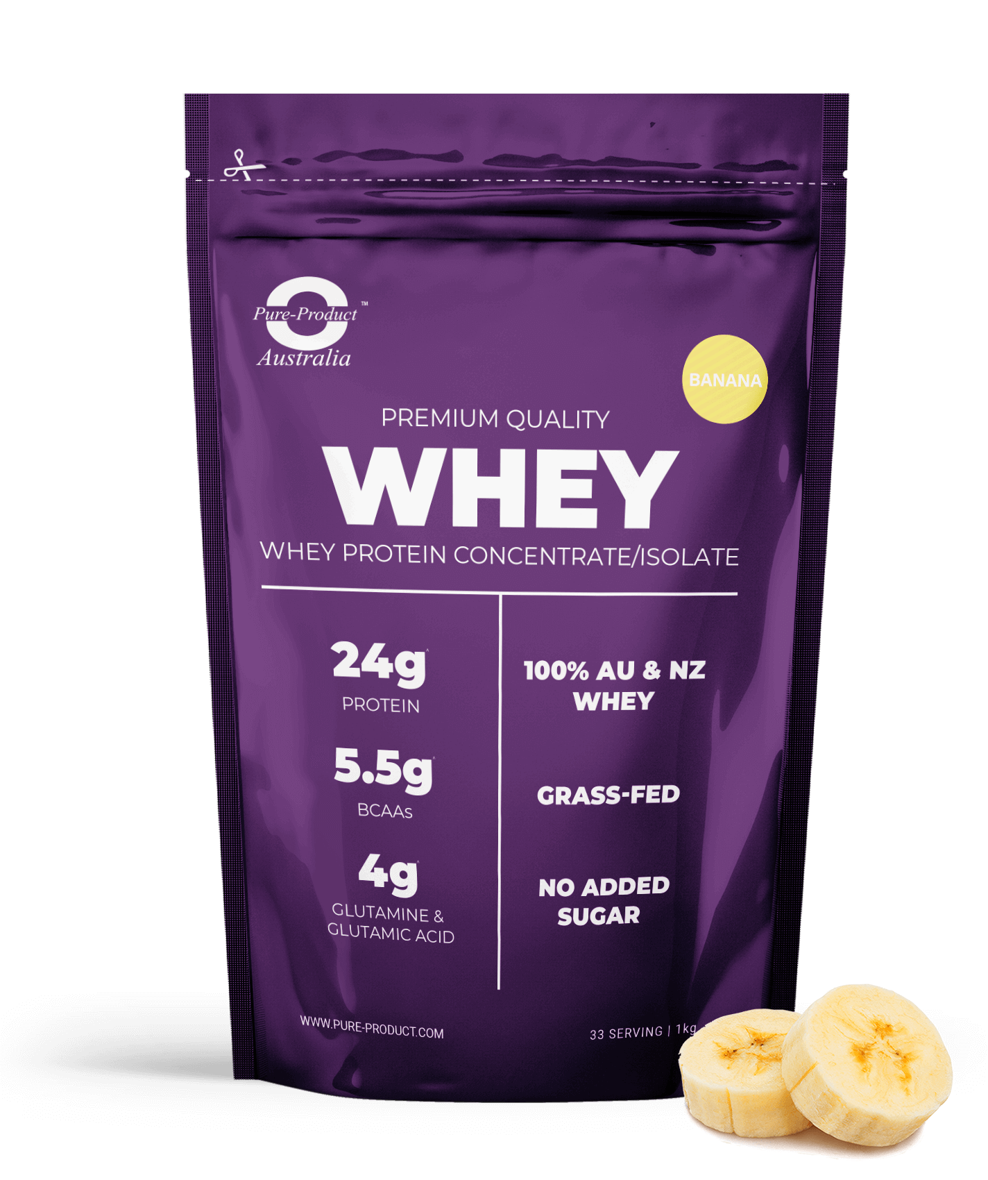 Pure Performance Whey Protein Concentrate/Isolate - 100% Grass-Fed, 24g Protein, Banana Flavor, Premium Quality for Athletes and Fitness Fans