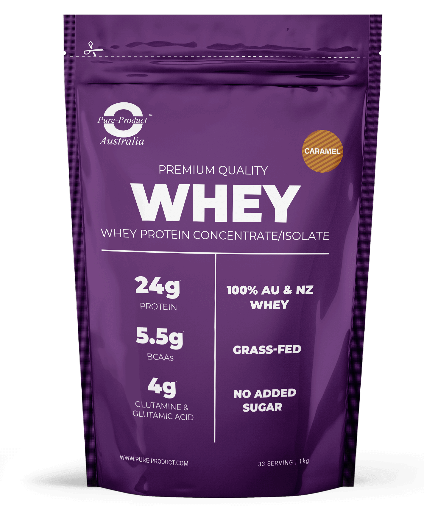 Whey Protein - 24g Protein, 5.5g BCAAs, Grass-Fed, No Added Sugar, Caramel Flavor