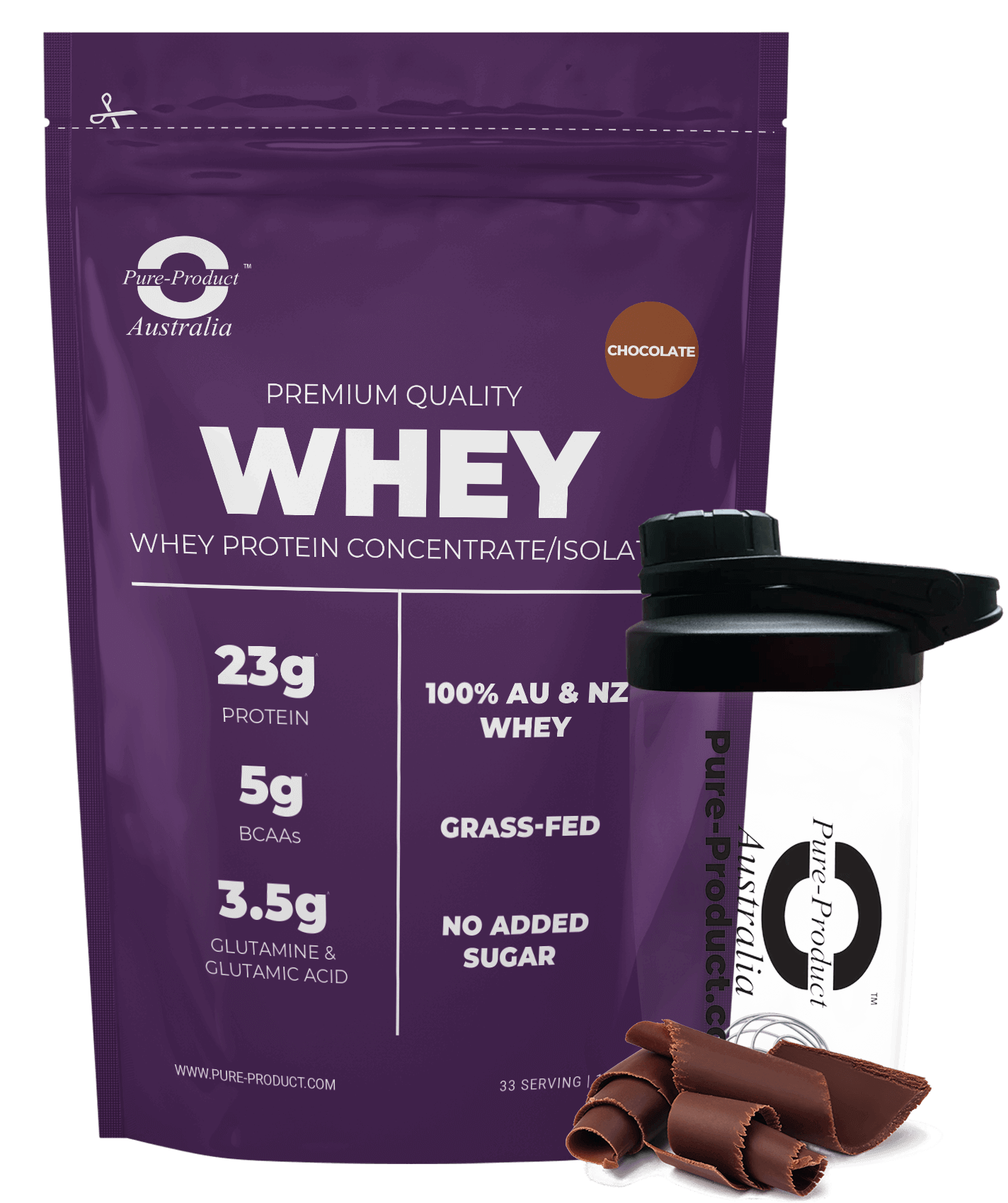 Pure Performance Whey Protein Concentrate/Isolate from Aussie Grass-Fed Cows - Chocolate Flavor - 23g Protein, 5g BCAAs, No Added Sugar