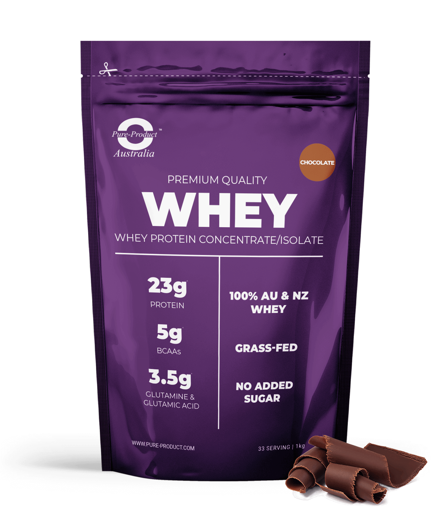Whey Protein Concentrate/Isolate - Pure Performance Whey from Aussie Grass-Fed Cows, 23g Protein, 5g BCAAs, 3.5g Glutamine, No Added Sugar.