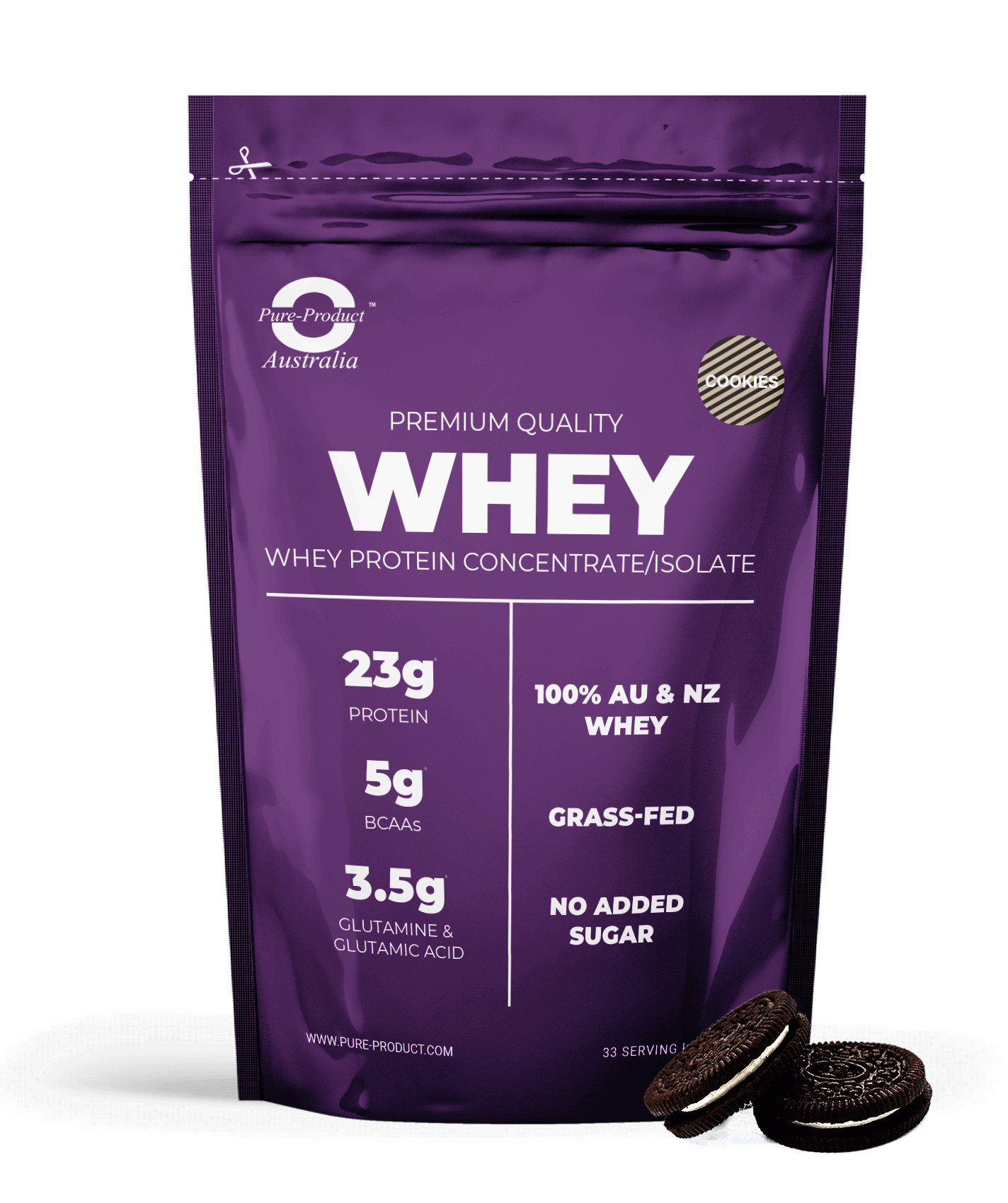 Premium Whey Protein Concentrate/Isolate from Grass-Fed Cows, with 23g Protein, 5g BCAAs, and No Added Sugar.