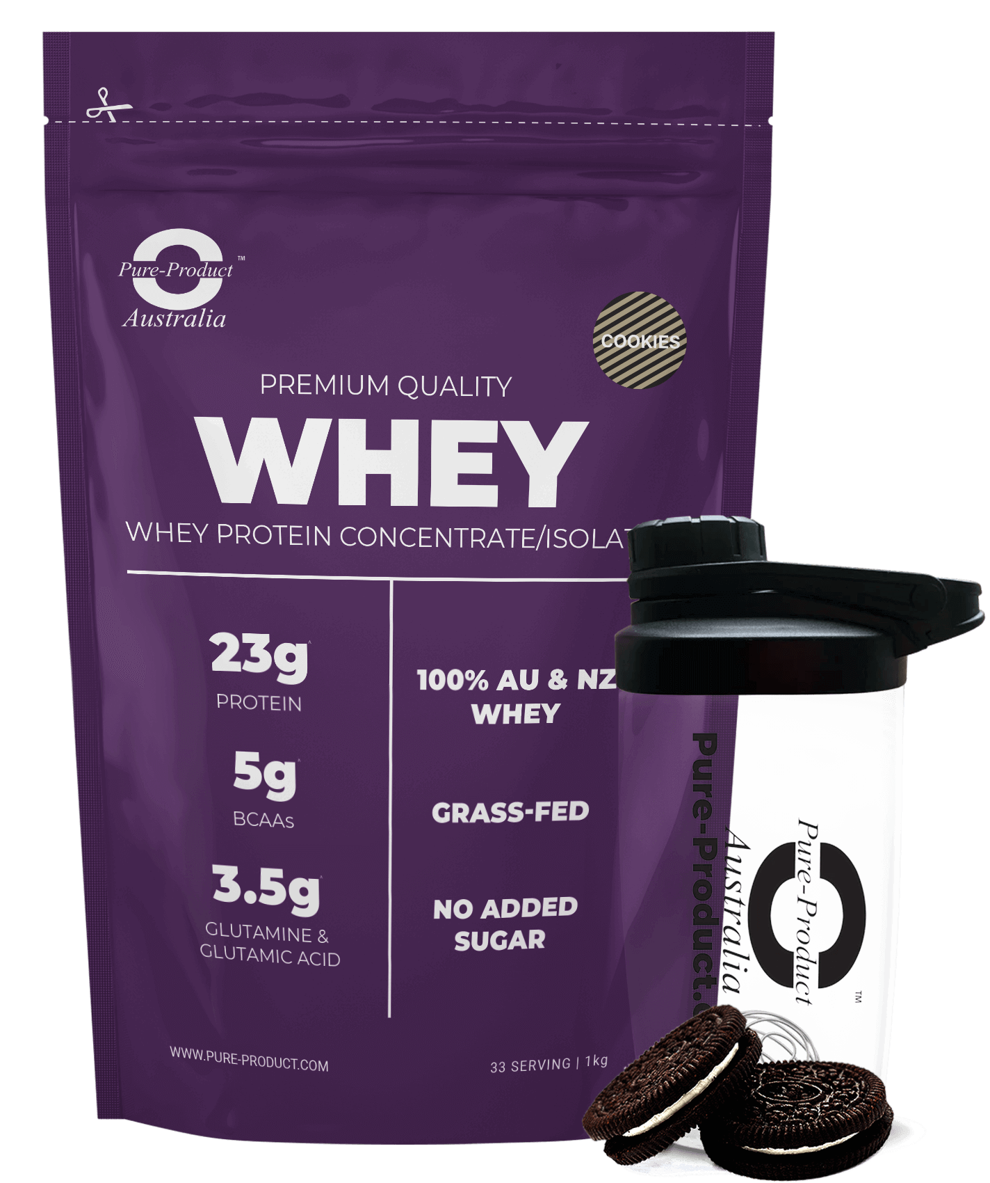 Premium Quality Whey Protein Concentrate/Isolate from Aussie Grass-Fed Cows with Shaker and Cookies