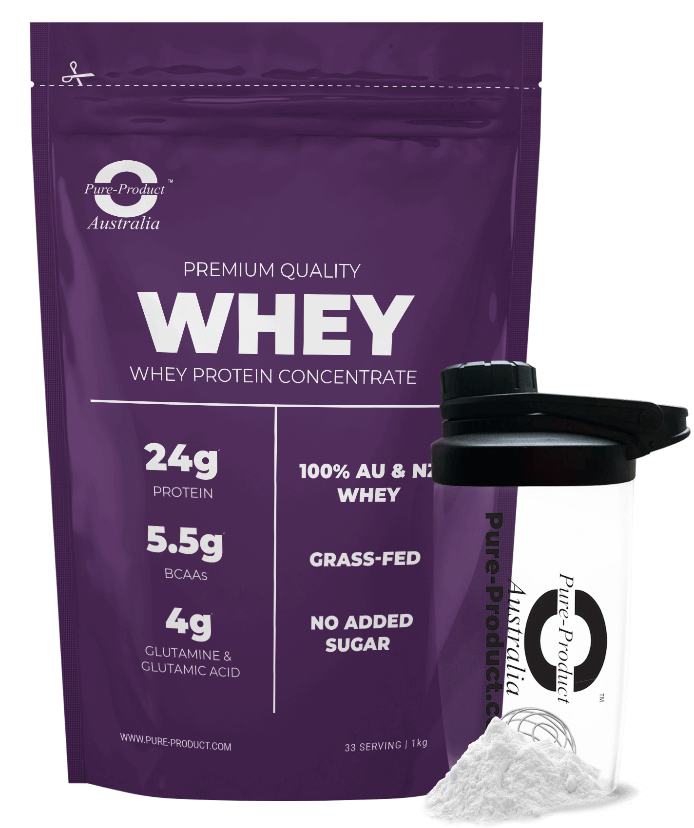 Whey Protein Concentrate Pack with Shaker - 24g Protein, 5.5g BCAAs, Grass-Fed, No Added Sugar