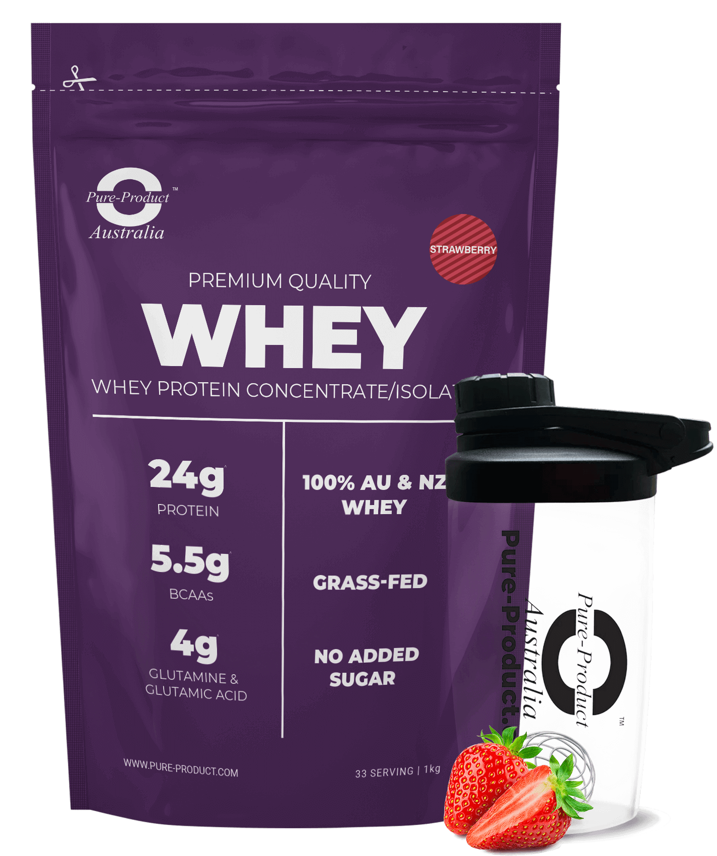 Premium Quality Aussie Grass-Fed Whey Protein Concentrate/Isolate for Pure Performance with Strawberries and Shaker Bottle