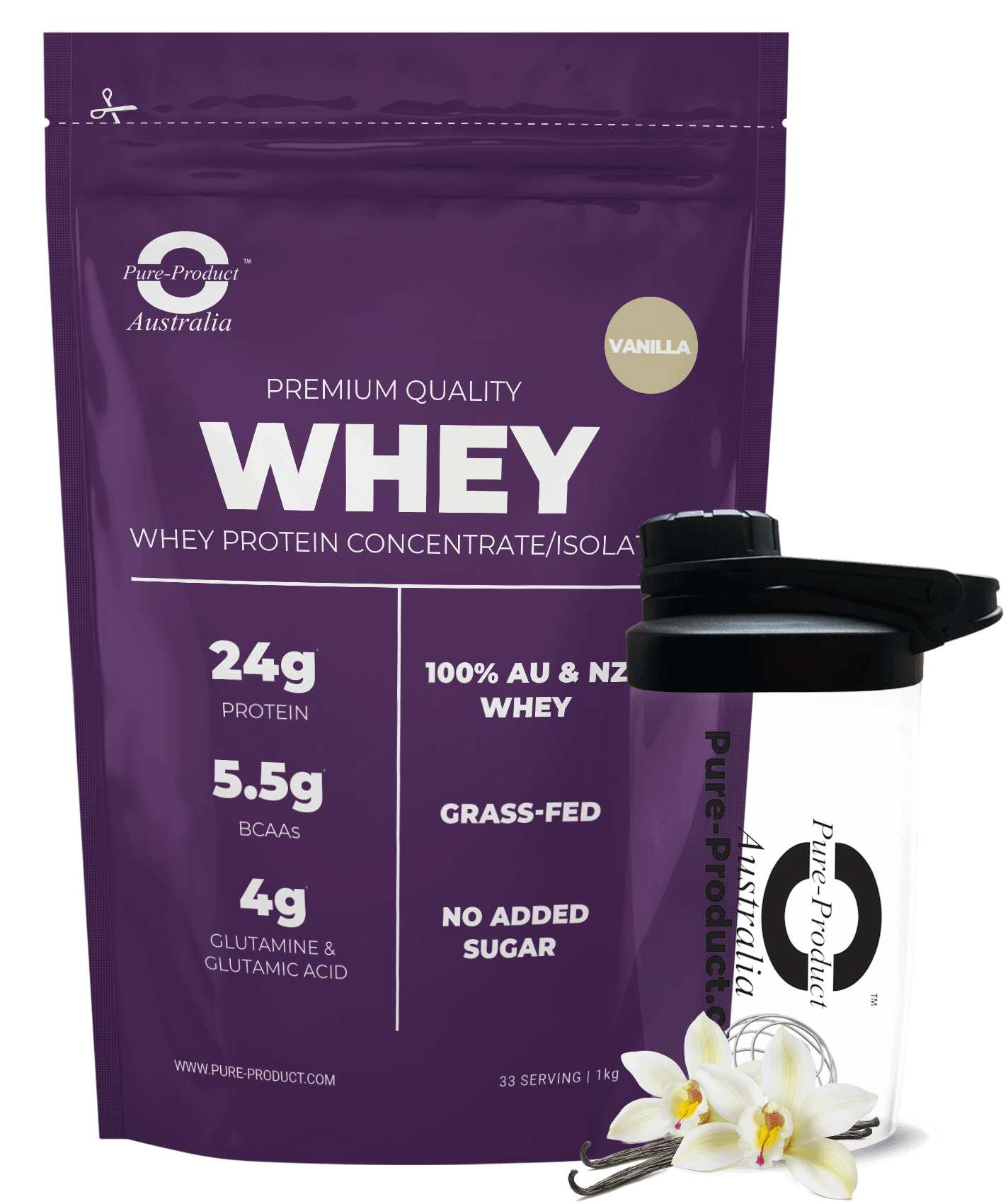Premium Whey Protein Concentrate/Isolate from Grass-Fed Cows, 24g Protein, 5.5g BCAAs, Vanilla Flavor with Shaker Cup