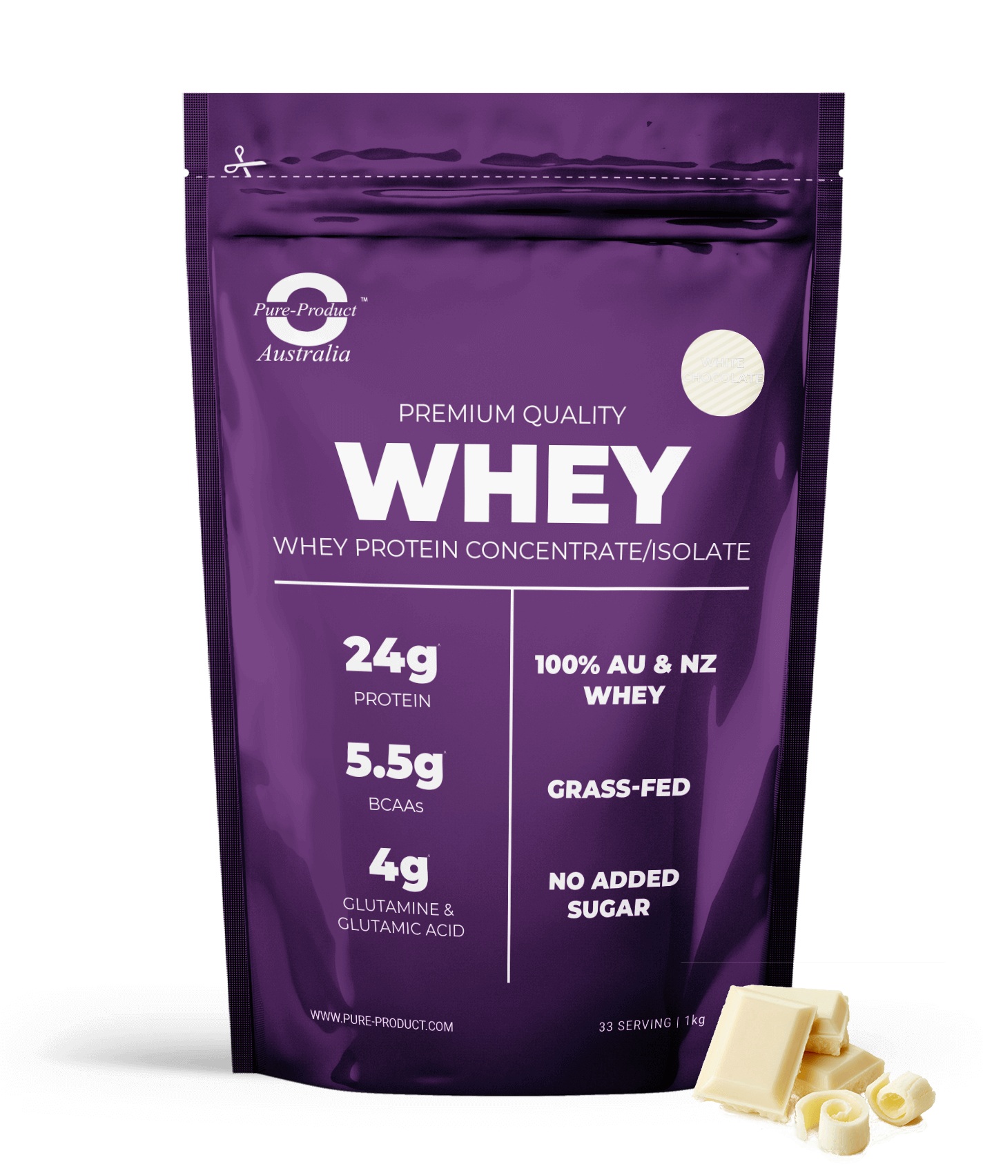 Premium Quality Whey Protein Concentrate/Isolate from Grass-Fed Aussie Cows - 24g Protein, 5.5g BCAAs, No Added Sugar