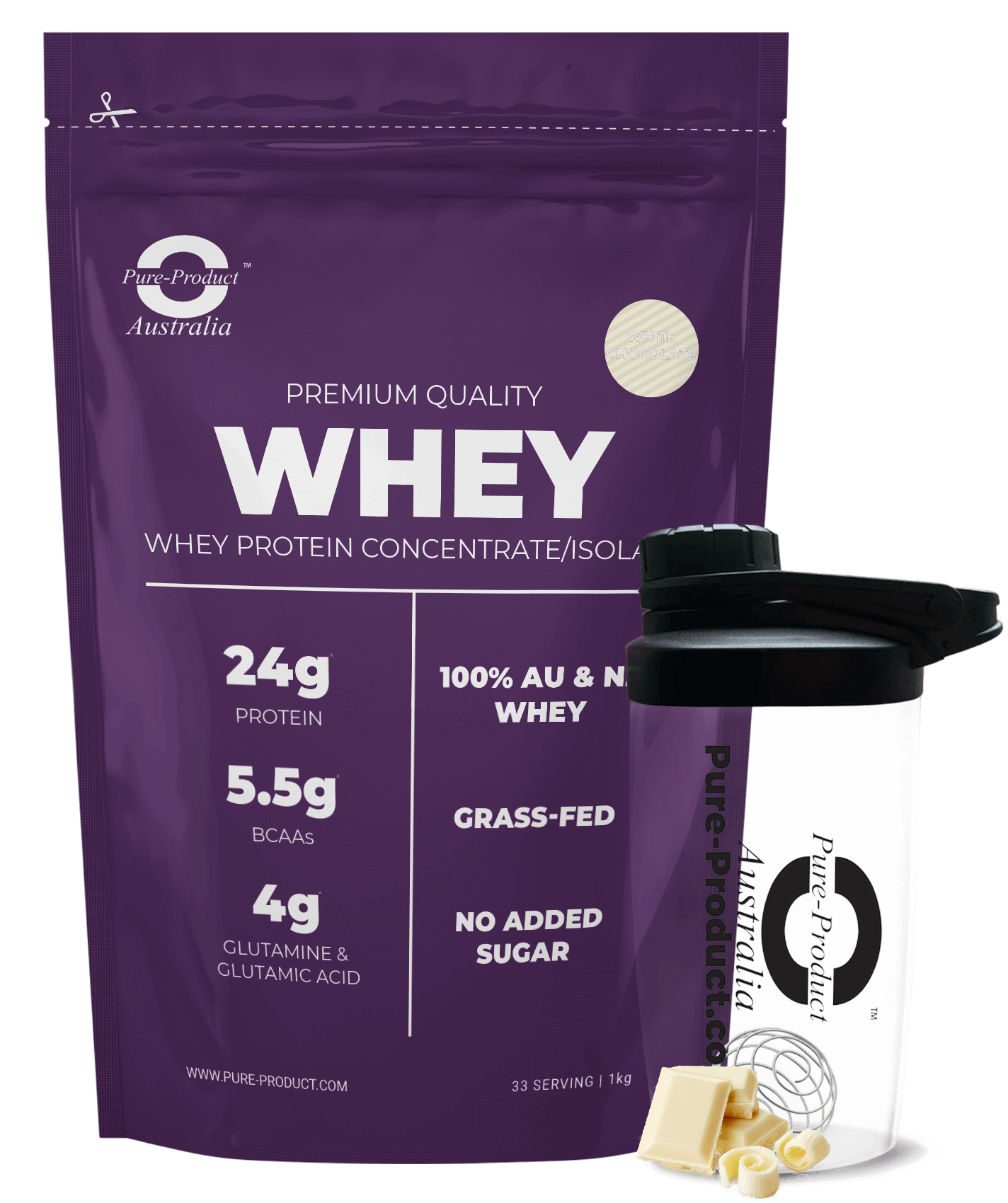 Whey Protein Concentrate/Isolate from Aussie Grass-Fed Cows with Shaker - 24g Protein, 5.5g BCAAs, No Added Sugar