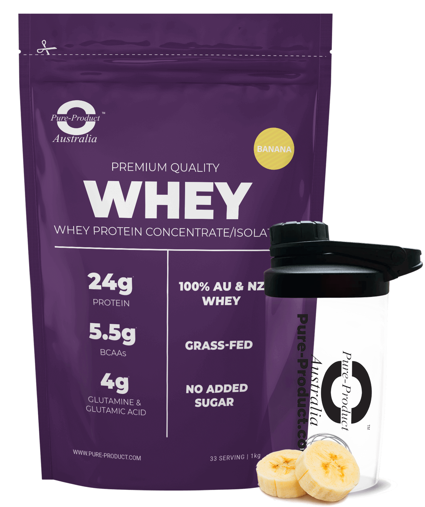 Pure Performance Whey Protein Concentrate/Isolate Banana Flavor with shaker, 24g Protein, BCAAs, Grass-Fed, No Added Sugar.