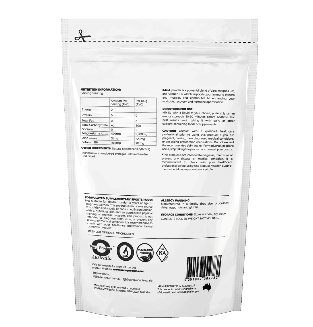Back of ZMA Powder packaging showing nutritional information, ingredients, directions, and warnings.