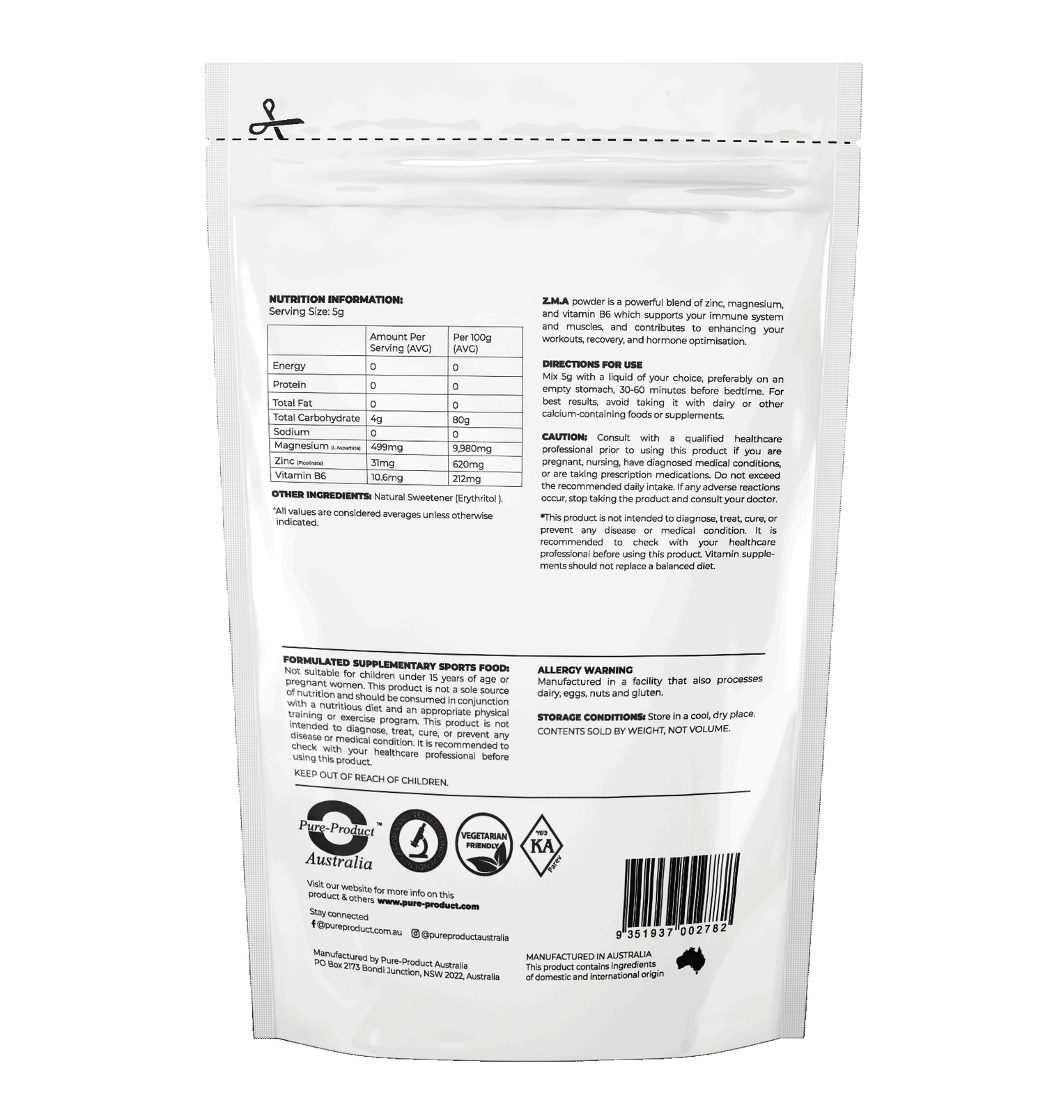 Back of ZMA Powder packaging showing nutritional information, ingredients, directions, and warnings.