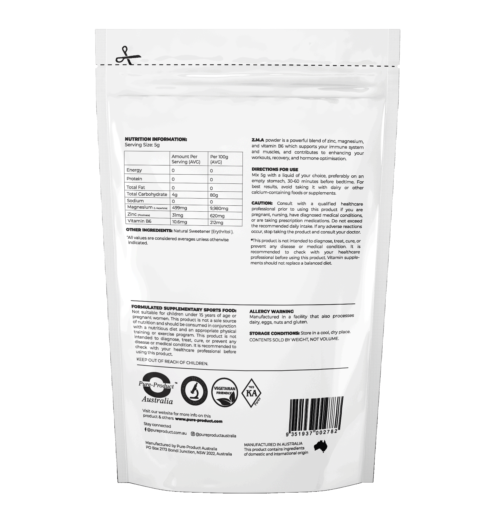 Back of ZMA Powder packaging showing nutritional information, ingredients, directions, and warnings.
