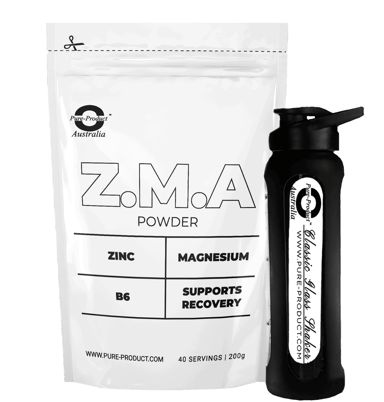 "ZMA Powder bag with zinc, magnesium, vitamin B6, and black shaker bottle for muscle support and recovery"