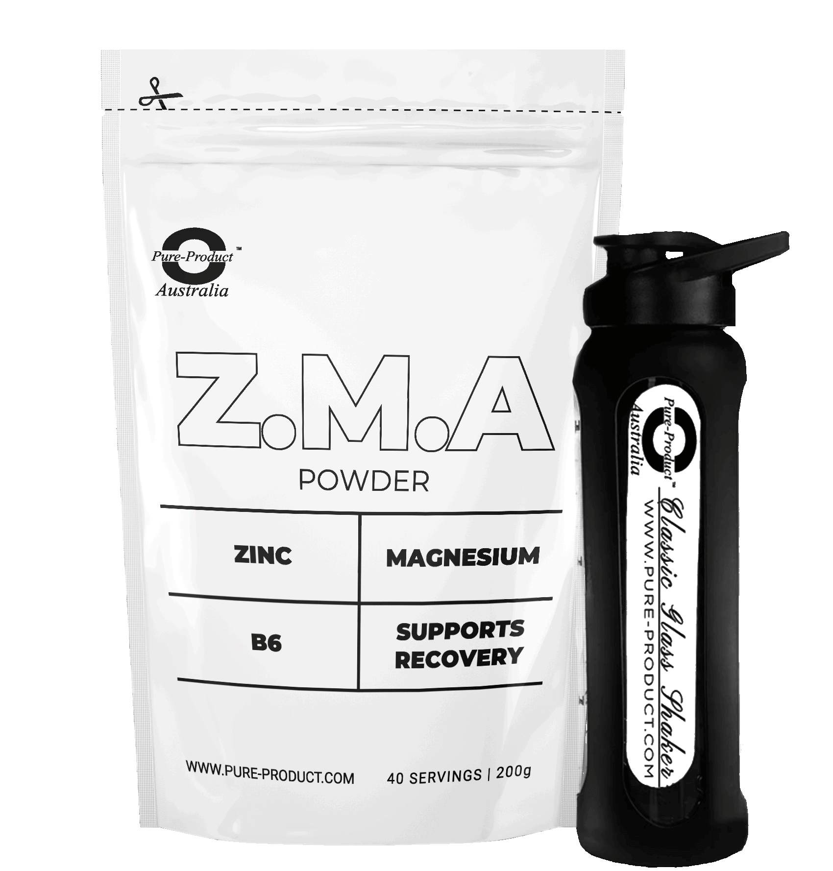 "ZMA Powder bag with zinc, magnesium, vitamin B6, and black shaker bottle for muscle support and recovery"