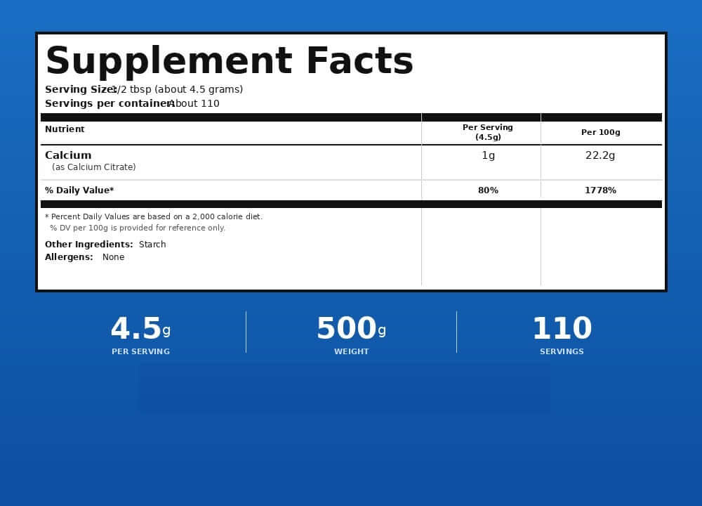 Supplement facts for Calcium Citrate Powder - 500g, featuring nutrient details and servings.