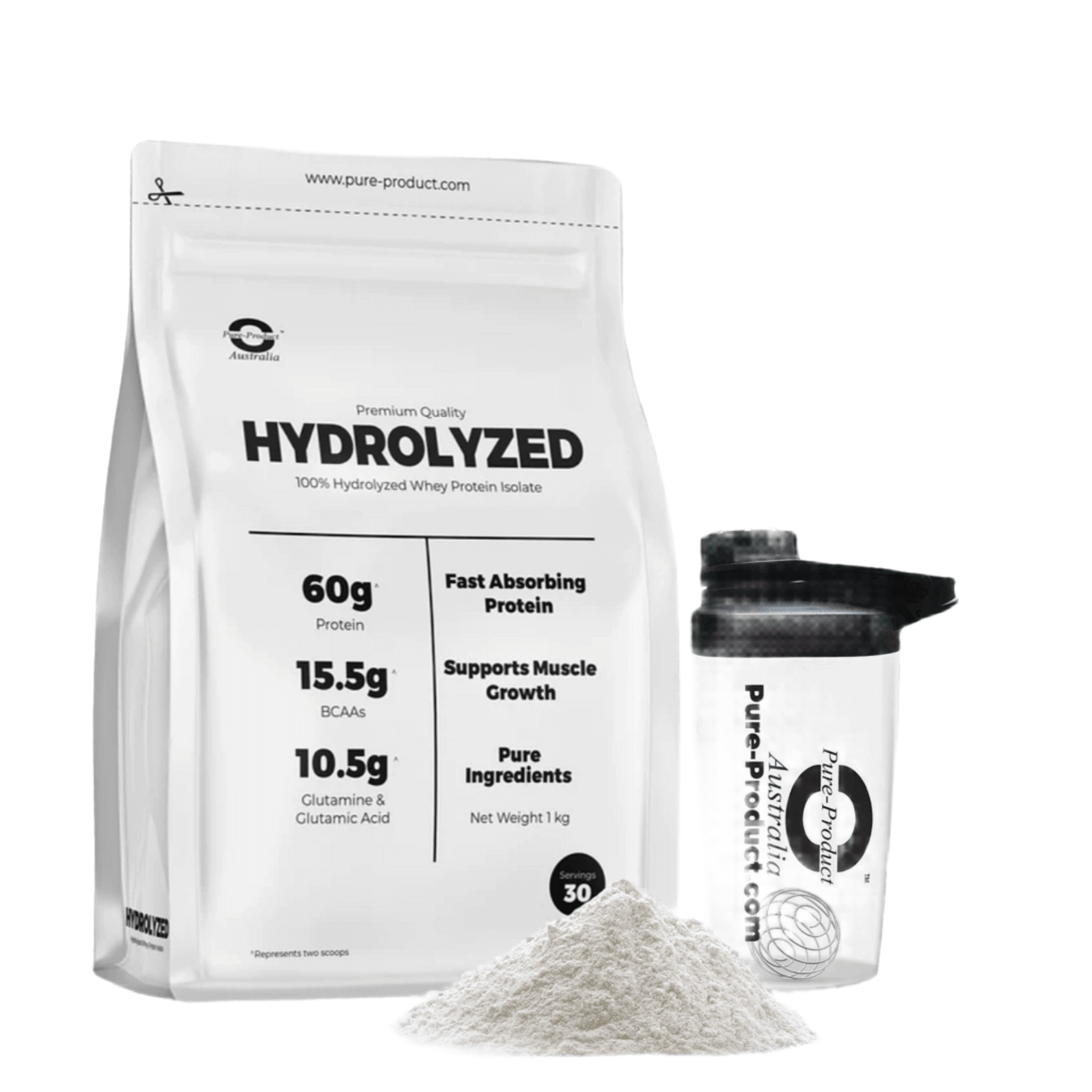 Hydrolyzed Whey Protein Isolate NZ Grass-Fed 1kg Bag with Shaker and Protein Powder Pile for Peak Performance