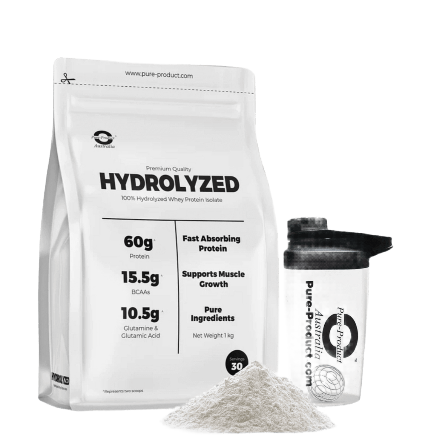 Hydrolyzed Whey Protein Isolate NZ Grass-Fed 1kg Bag with Shaker and Protein Powder Pile for Peak Performance