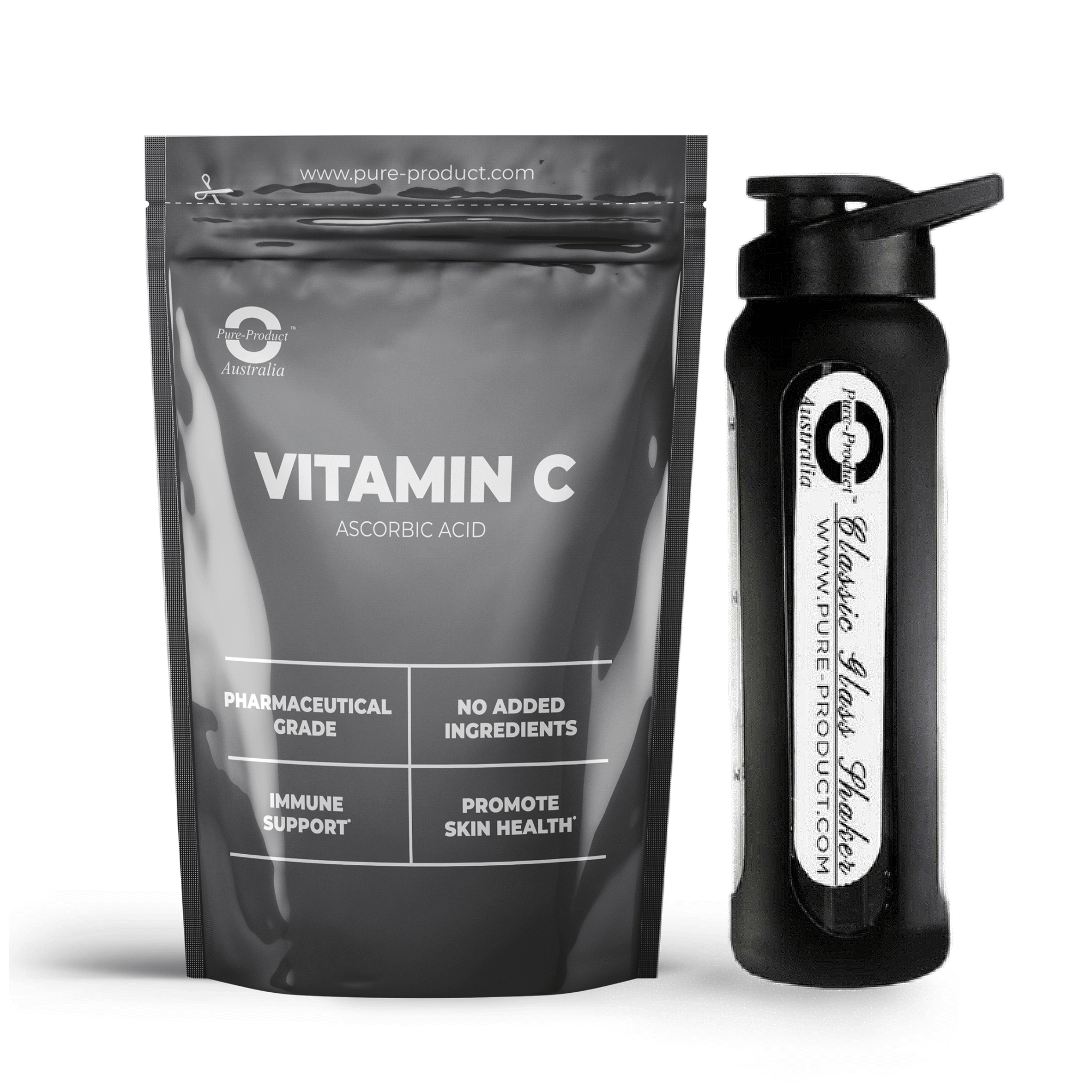 Bag of Ascorbic Acid Vitamin C supplement for immune support and skin health next to a branded water bottle