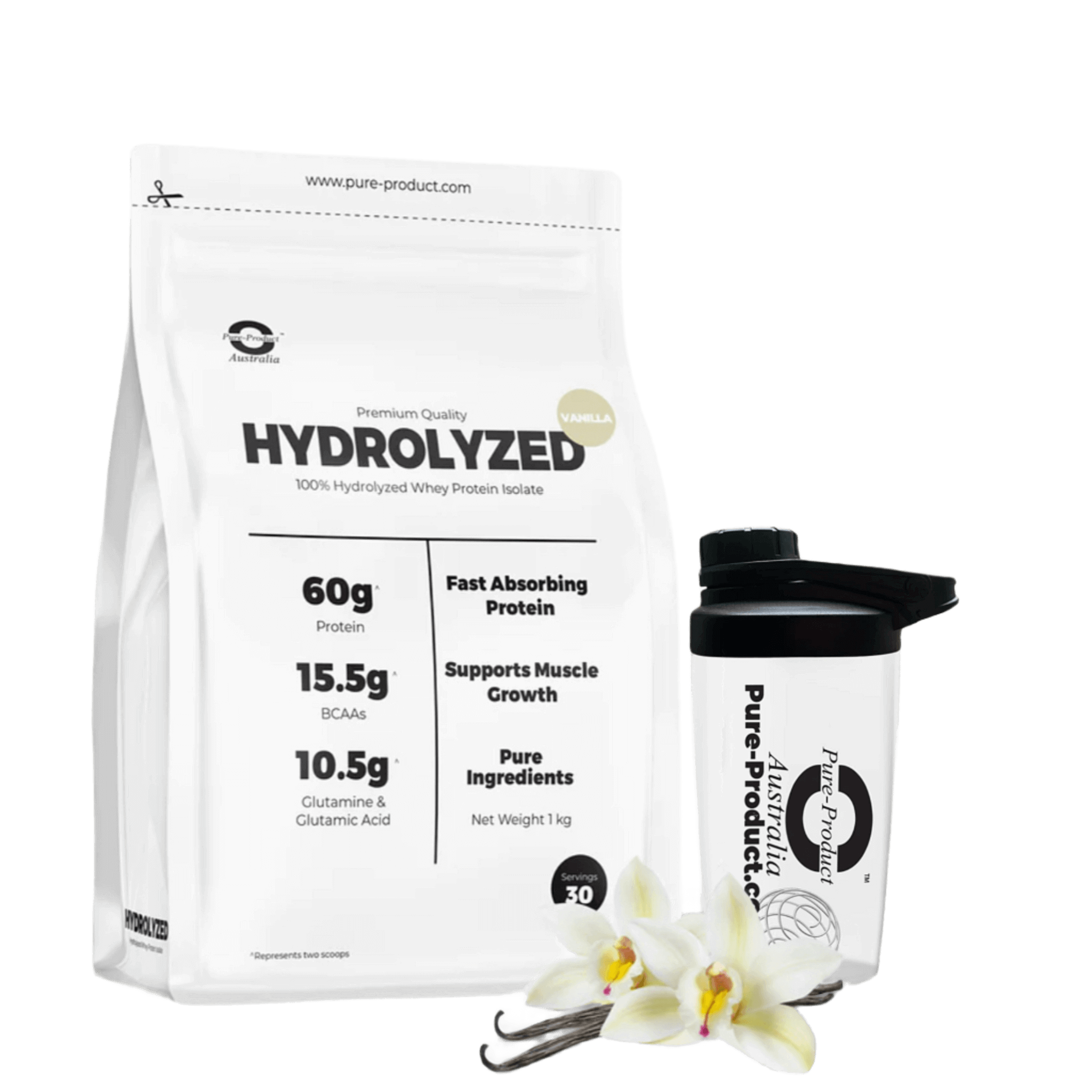 Hydrolyzed Whey Protein Isolate (Vanilla) with Shaker Bottle - 60g Protein, 15.5g BCAAs for Muscle Growth and Performance