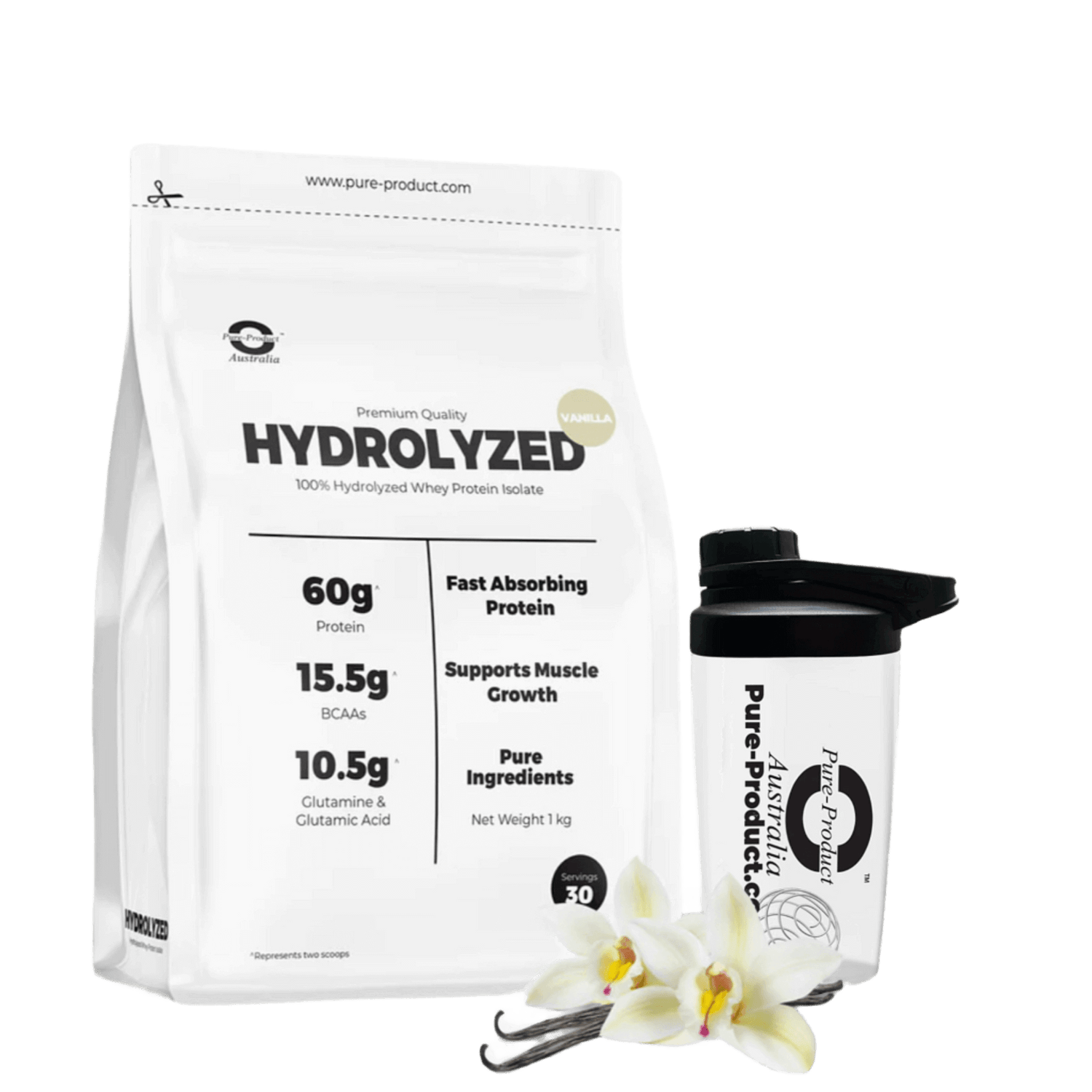 Hydrolyzed Whey Protein Isolate (Vanilla) with Shaker Bottle - 60g Protein, 15.5g BCAAs for Muscle Growth and Performance